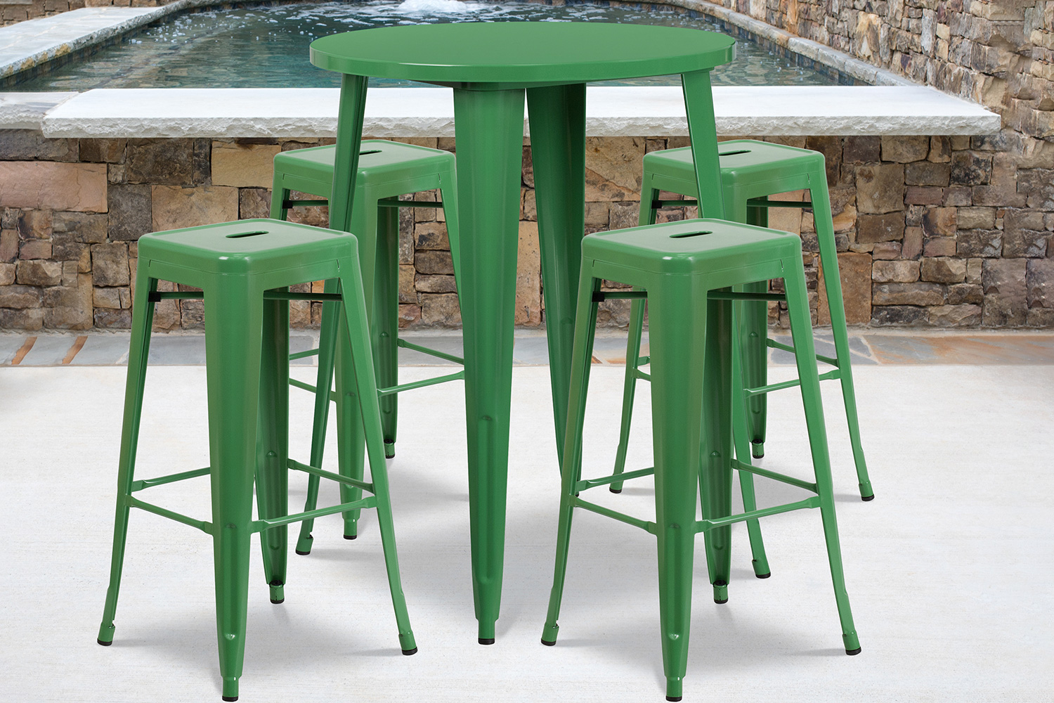 BLNK Coby Commercial Round Metal Indoor-Outdoor Bar Table Set with 4 Square Seat Backless Stools