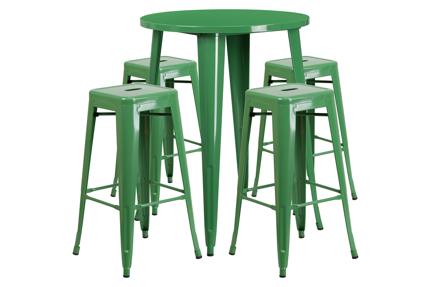 BLNK Coby Commercial Round Metal Indoor-Outdoor Bar Table Set with 4 Square Seat Backless Stools - Green