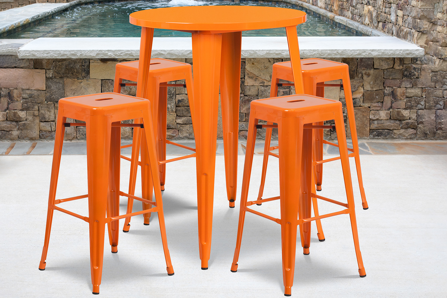 BLNK Coby Commercial Round Metal Indoor-Outdoor Bar Table Set with 4 Square Seat Backless Stools