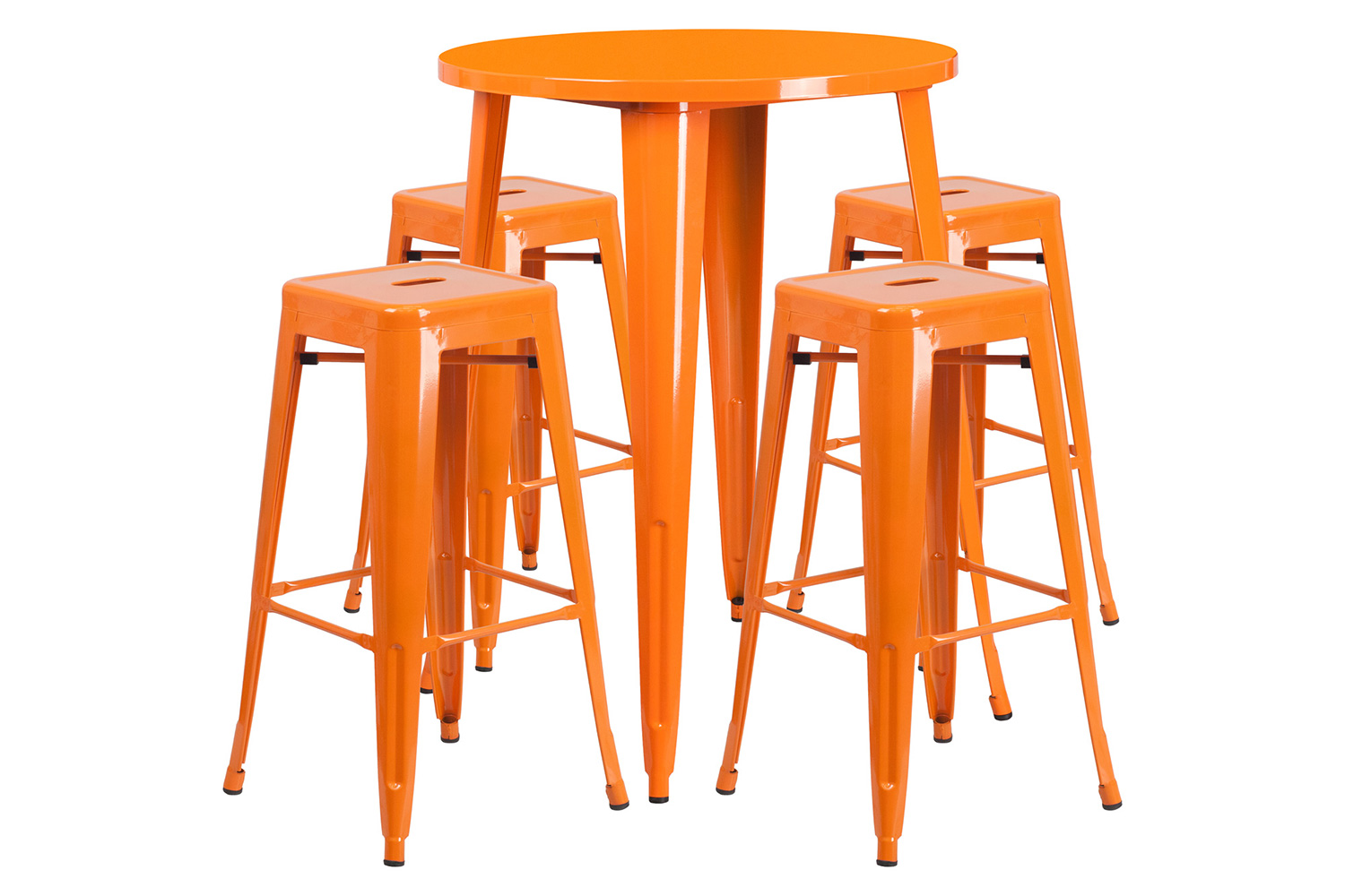 BLNK Coby Commercial Round Metal Indoor-Outdoor Bar Table Set with 4 Square Seat Backless Stools - Orange