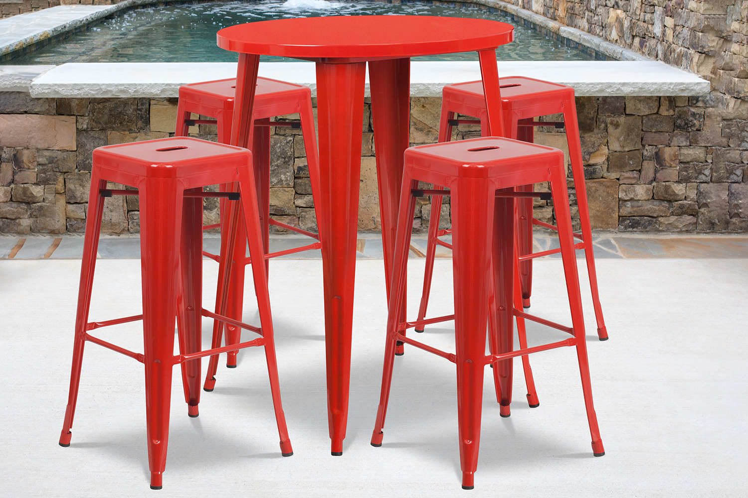 BLNK Coby Commercial Round Metal Indoor-Outdoor Bar Table Set with 4 Square Seat Backless Stools