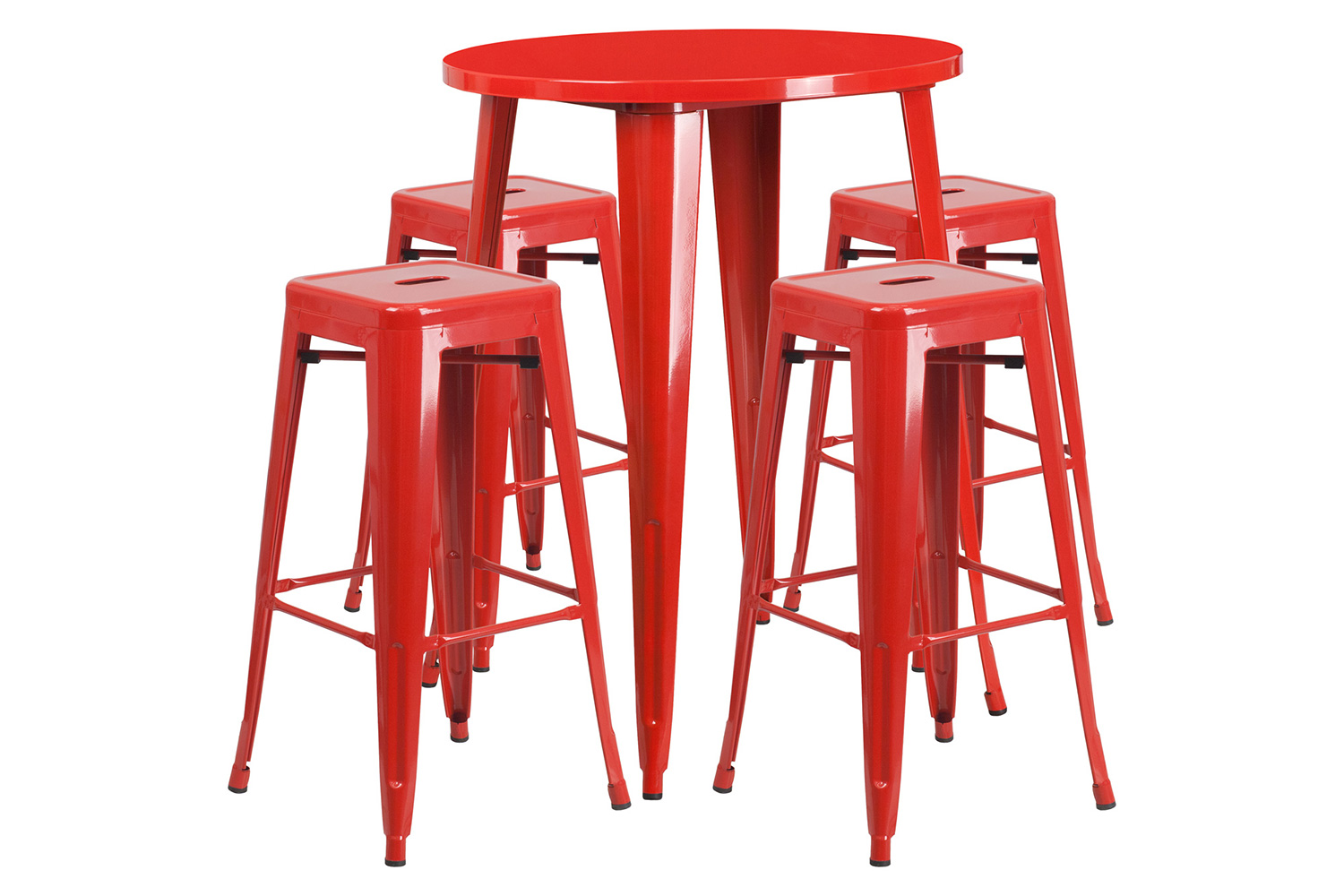 BLNK Coby Commercial Round Metal Indoor-Outdoor Bar Table Set with 4 Square Seat Backless Stools - Red