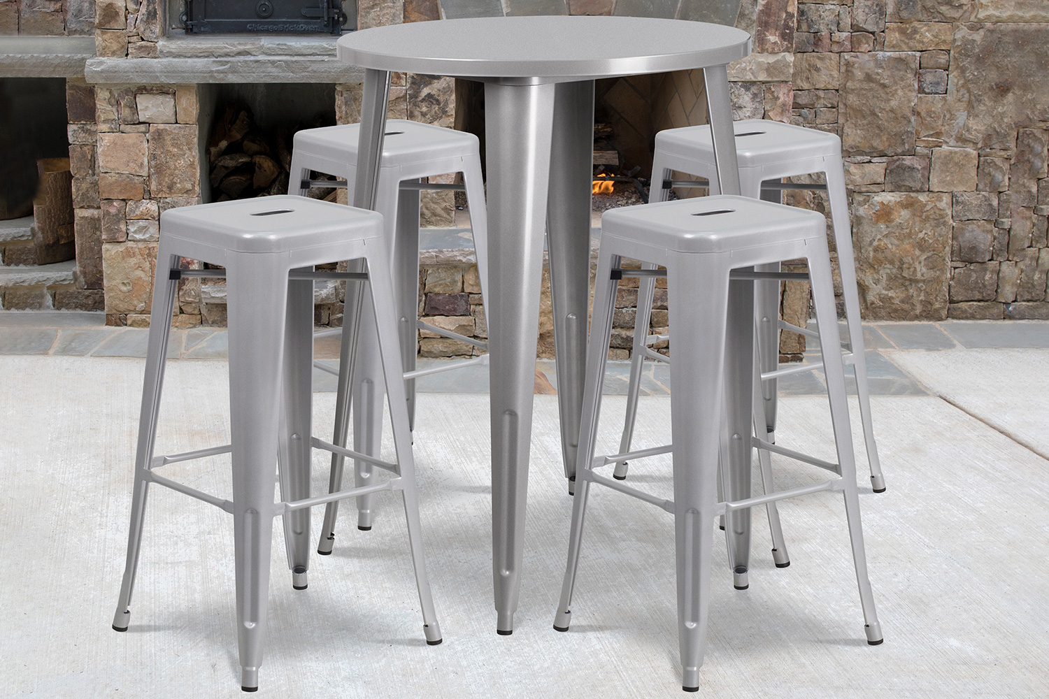 BLNK Coby Commercial Round Metal Indoor-Outdoor Bar Table Set with 4 Square Seat Backless Stools