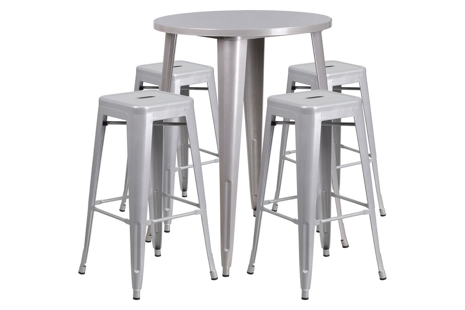 BLNK Coby Commercial Round Metal Indoor-Outdoor Bar Table Set with 4 Square Seat Backless Stools - Silver