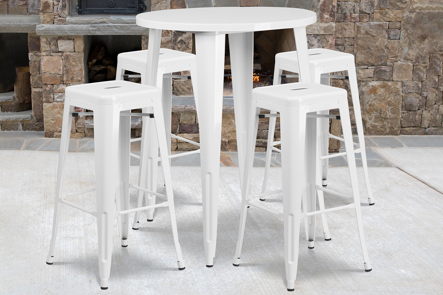 BLNK Coby Commercial Round Metal Indoor-Outdoor Bar Table Set with 4 Square Seat Backless Stools