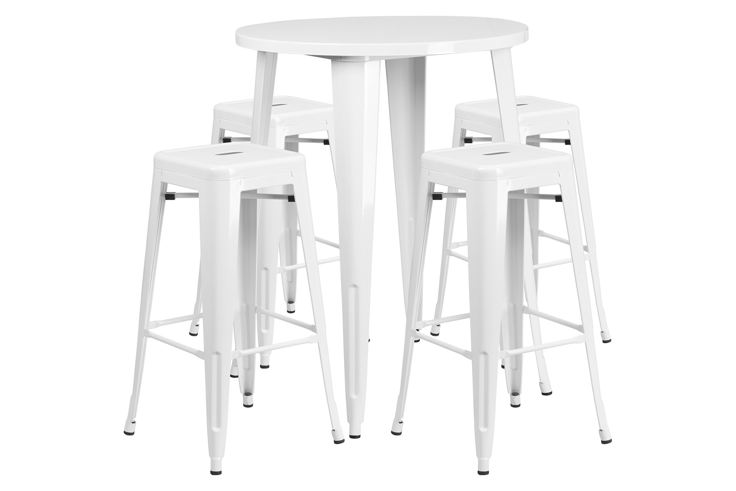 BLNK Coby Commercial Round Metal Indoor-Outdoor Bar Table Set with 4 Square Seat Backless Stools - White