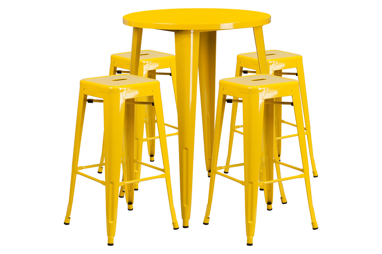 BLNK Coby Commercial Round Metal Indoor-Outdoor Bar Table Set with 4 Square Seat Backless Stools - Yellow