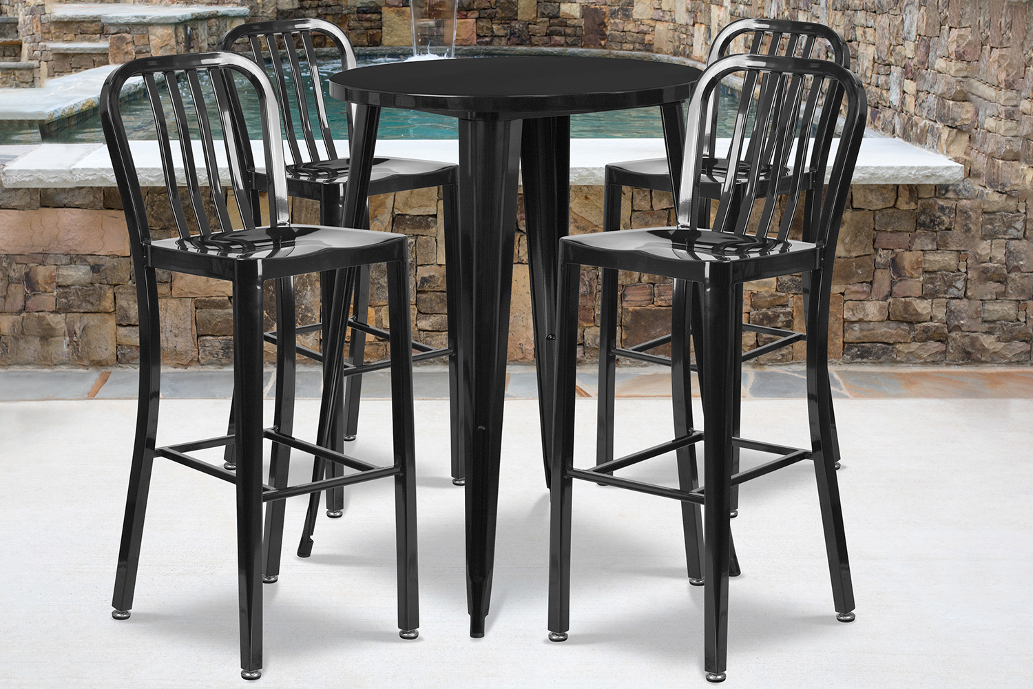 BLNK Tristan Commercial Round Metal Indoor-Outdoor Bar Table Set with 4 Vertical Slat Back Stools