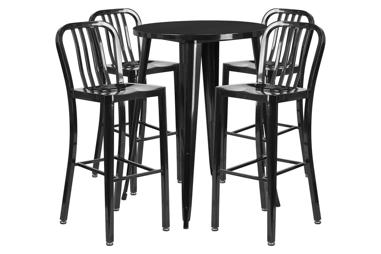 BLNK Tristan Commercial Round Metal Indoor-Outdoor Bar Table Set with 4 Vertical Slat Back Stools - Black