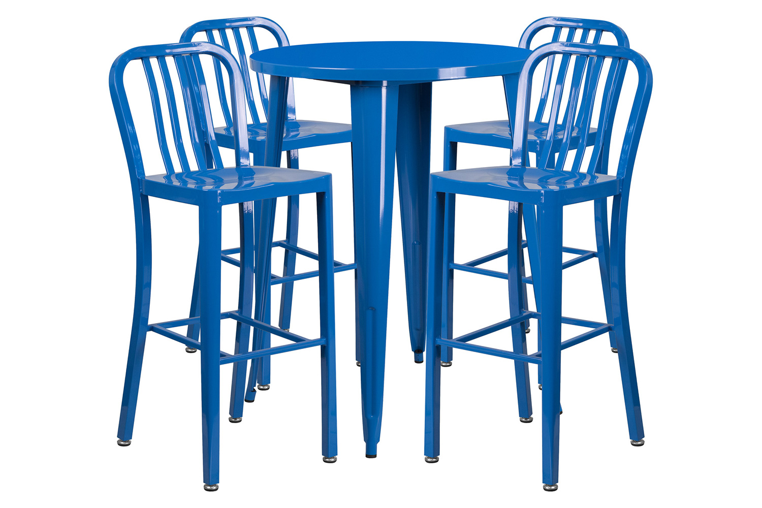 BLNK Tristan Commercial Round Metal Indoor-Outdoor Bar Table Set with 4 Vertical Slat Back Stools