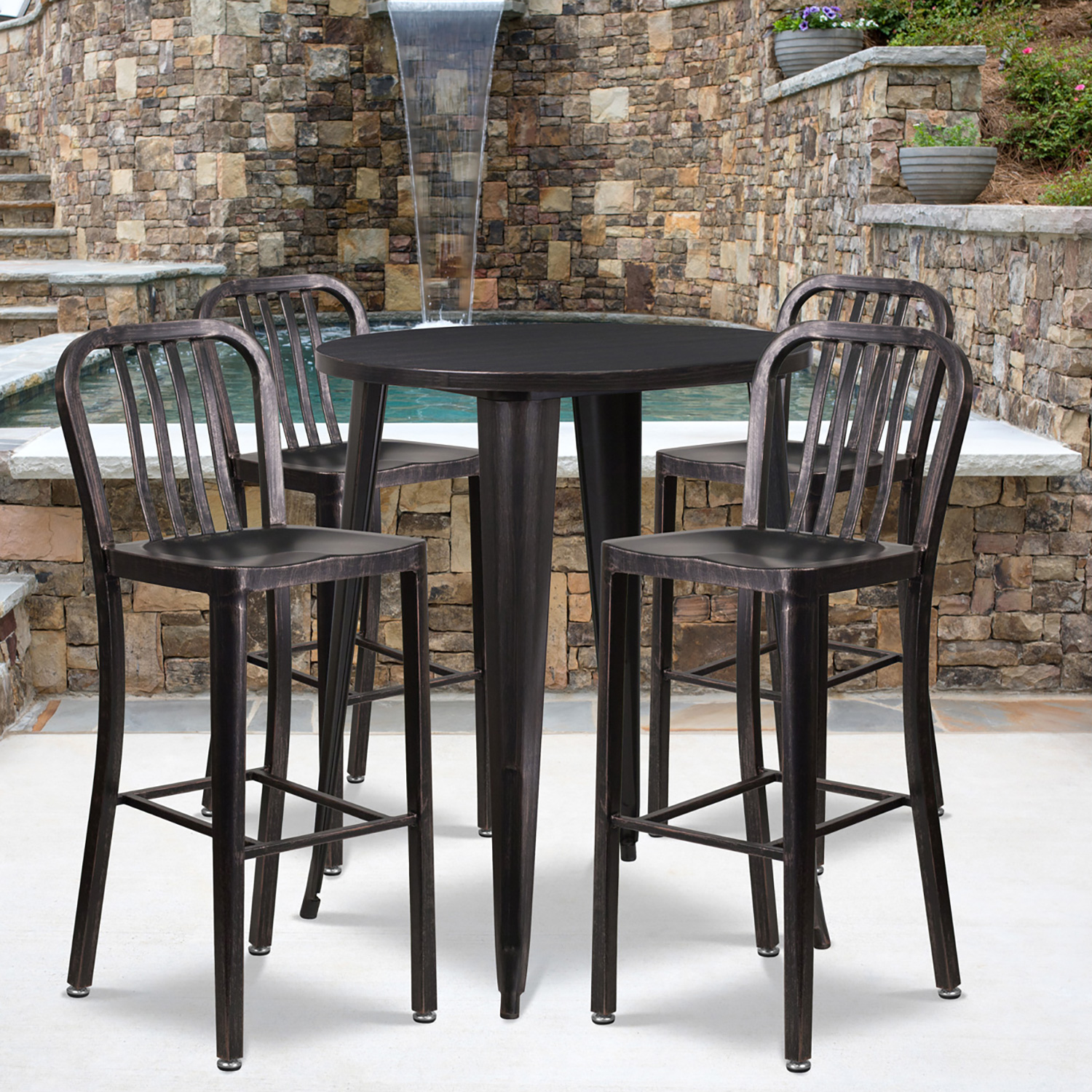 BLNK Tristan Commercial Round Metal Indoor-Outdoor Bar Table Set with 4 Vertical Slat Back Stools