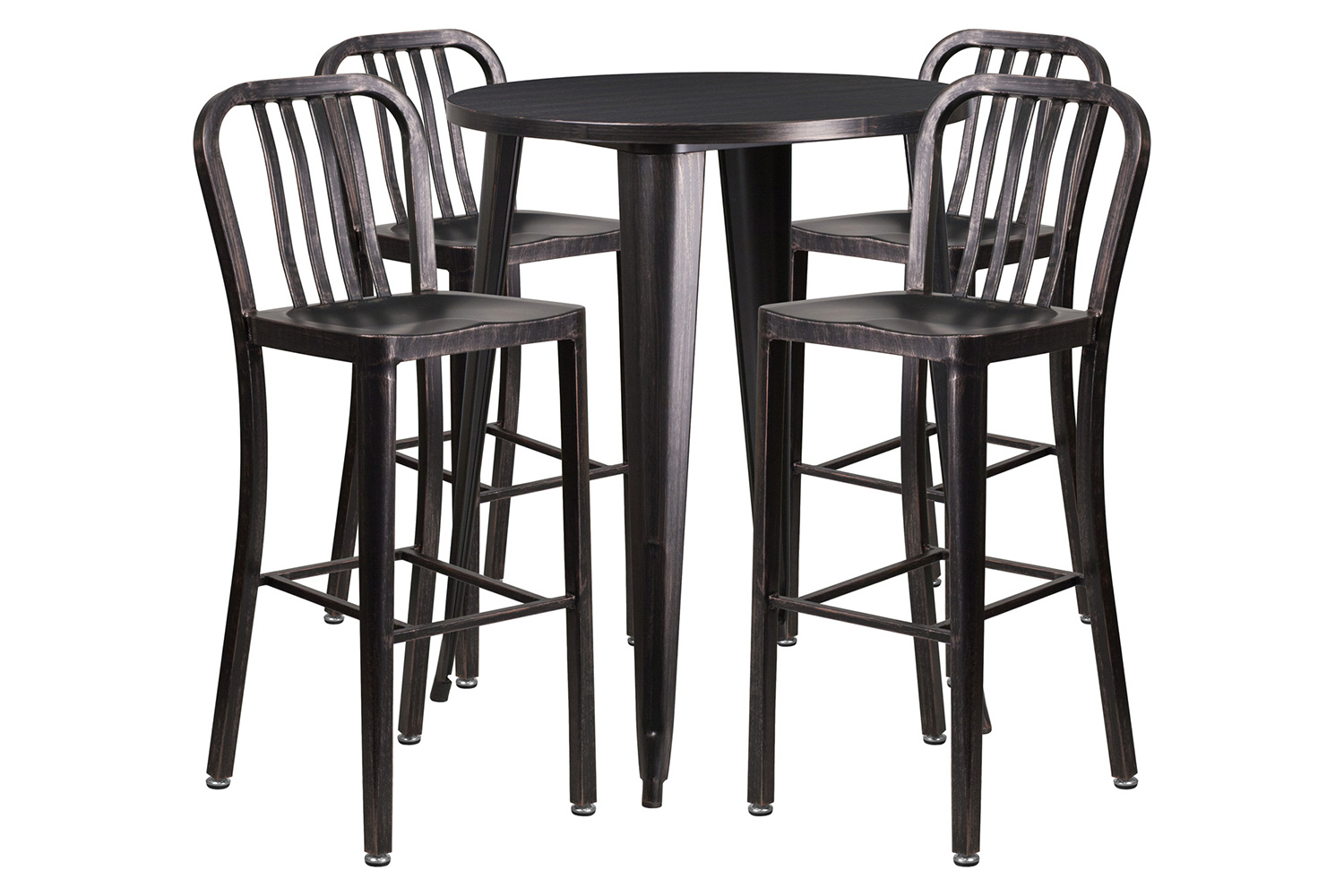 BLNK Tristan Commercial Round Metal Indoor-Outdoor Bar Table Set with 4 Vertical Slat Back Stools - Black/Antique Gold