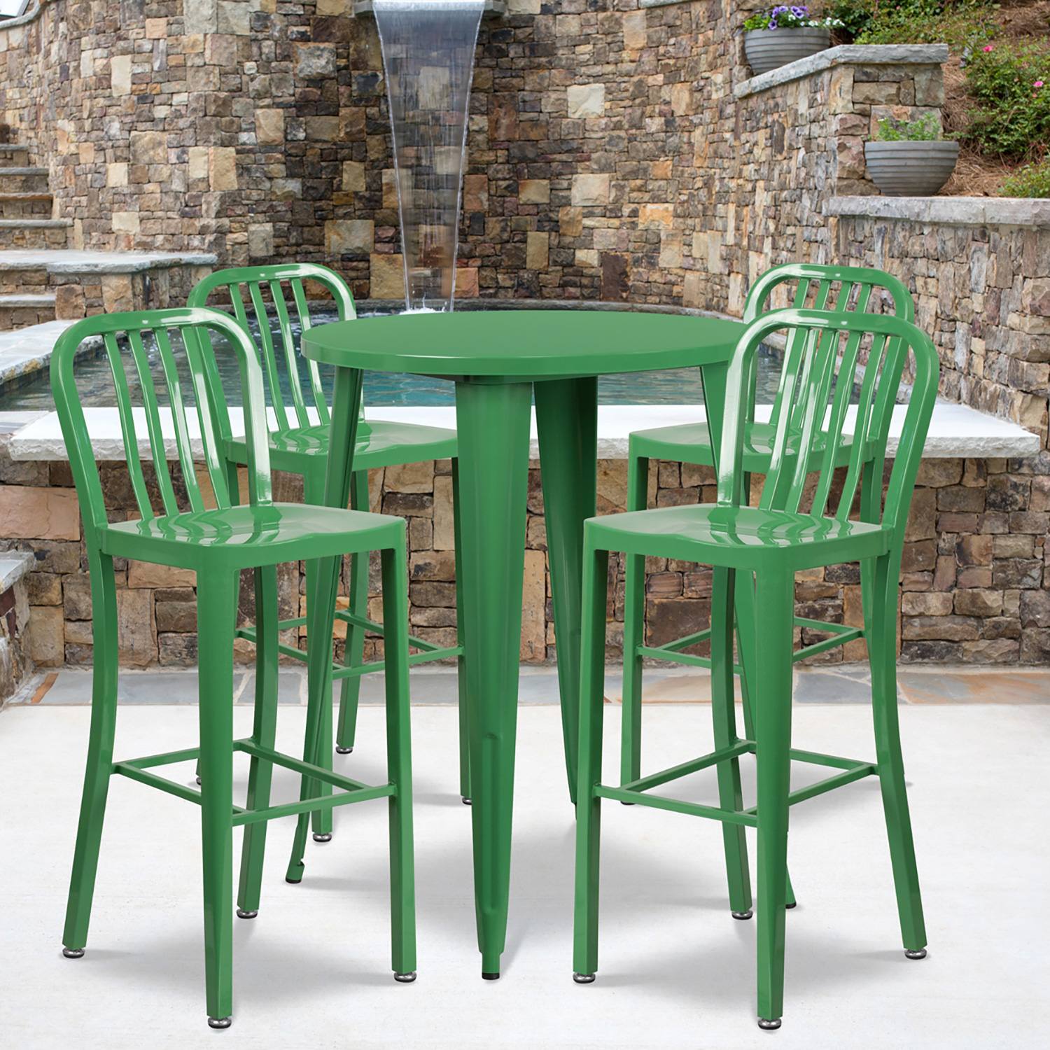 BLNK Tristan Commercial Round Metal Indoor-Outdoor Bar Table Set with 4 Vertical Slat Back Stools