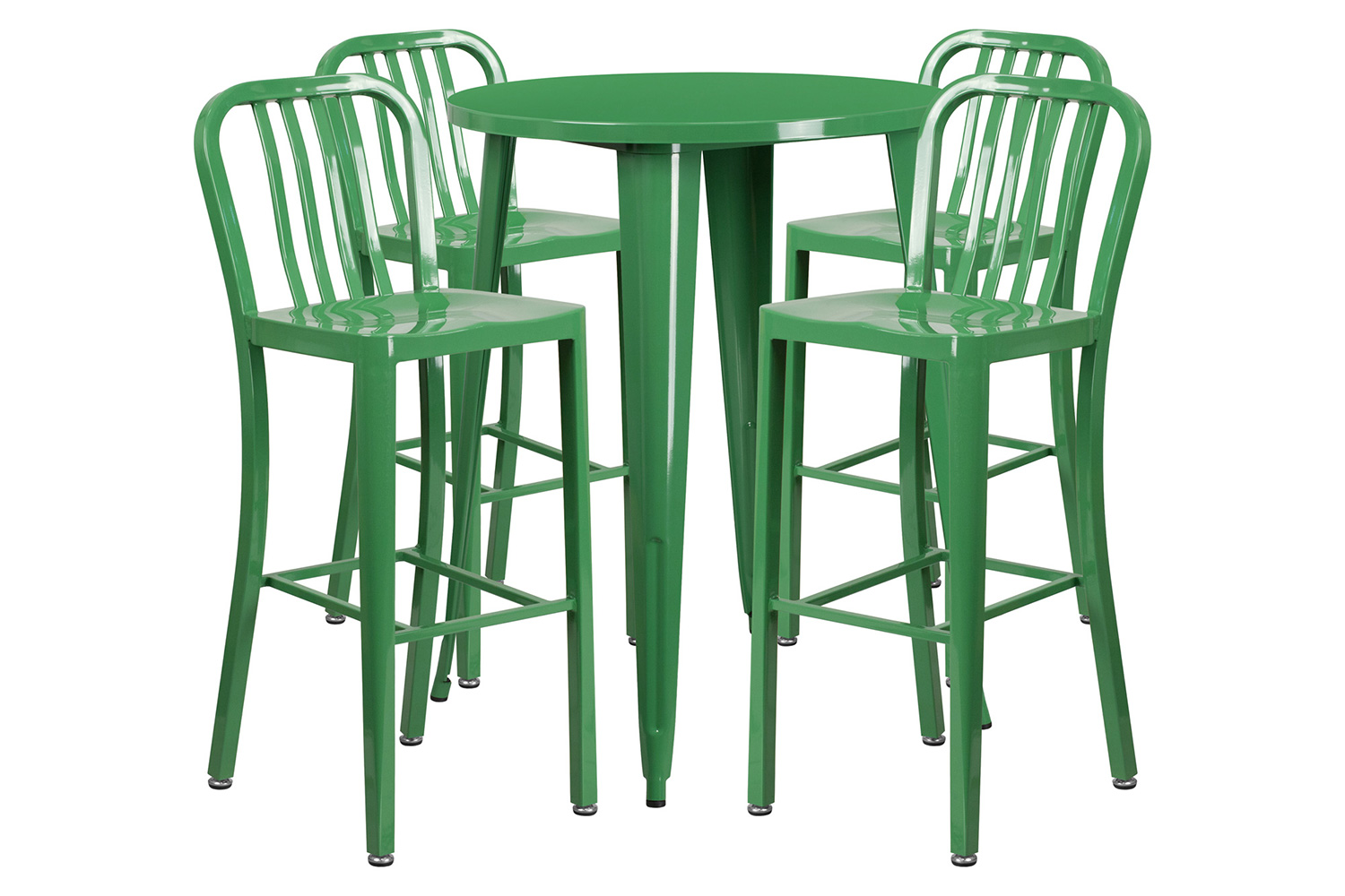 BLNK Tristan Commercial Round Metal Indoor-Outdoor Bar Table Set with 4 Vertical Slat Back Stools - Green