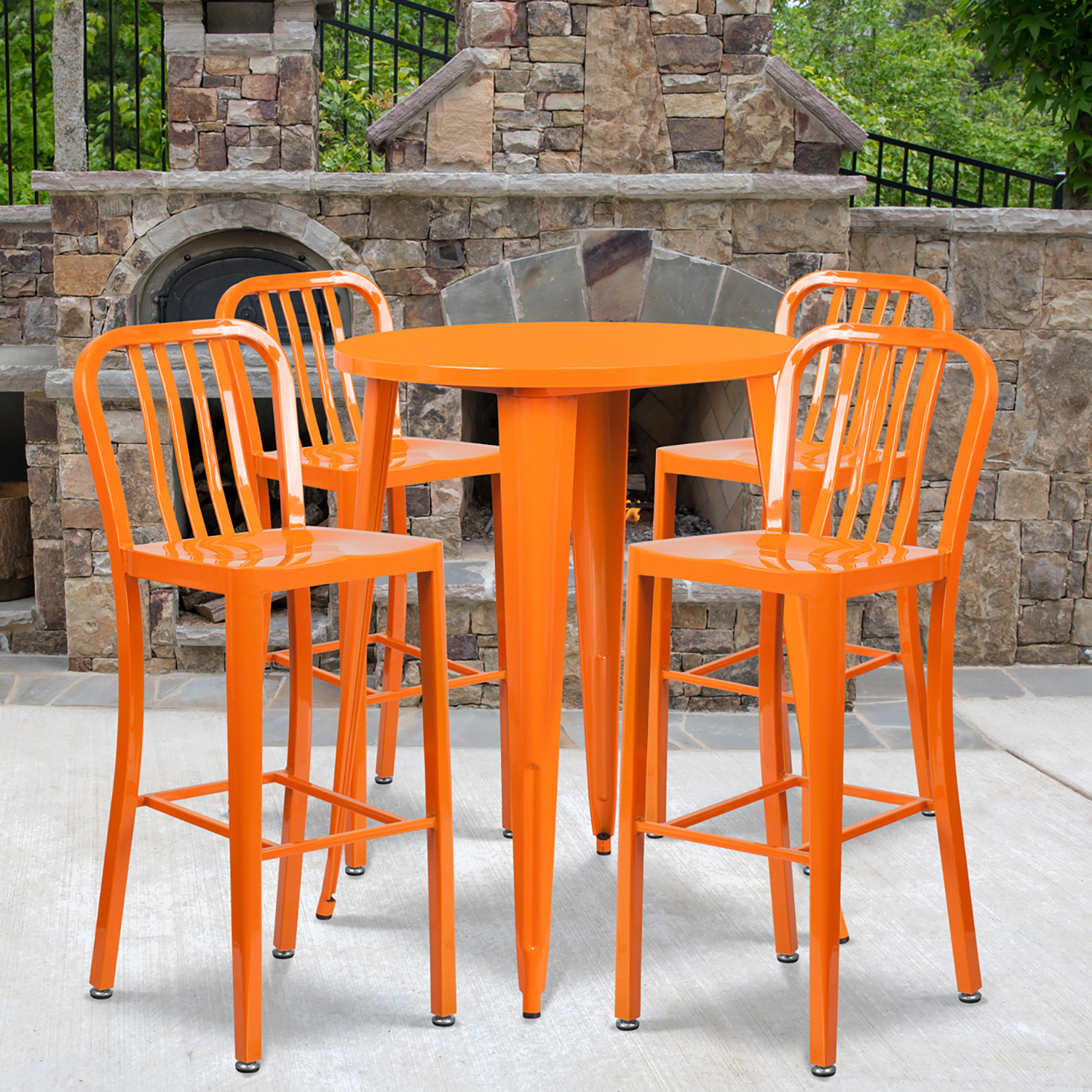 BLNK Tristan Commercial Round Metal Indoor-Outdoor Bar Table Set with 4 Vertical Slat Back Stools