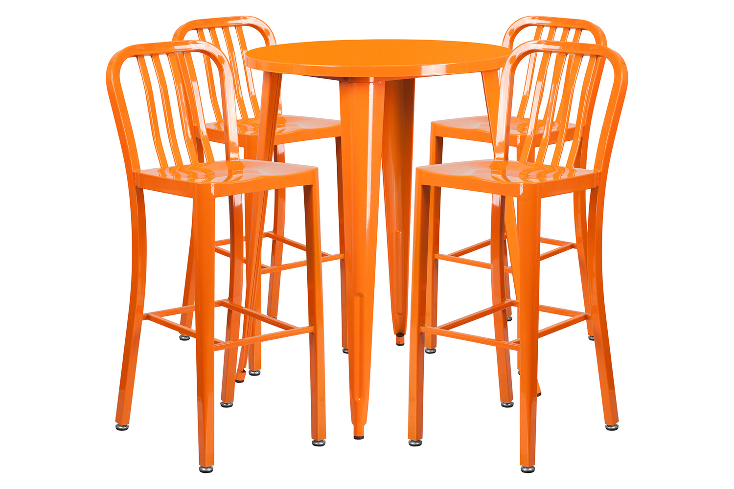 BLNK Tristan Commercial Round Metal Indoor-Outdoor Bar Table Set with 4 Vertical Slat Back Stools - Orange