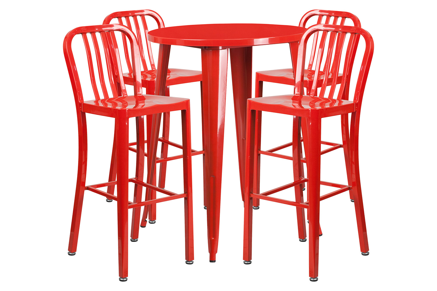 BLNK Tristan Commercial Round Metal Indoor-Outdoor Bar Table Set with 4 Vertical Slat Back Stools - Red