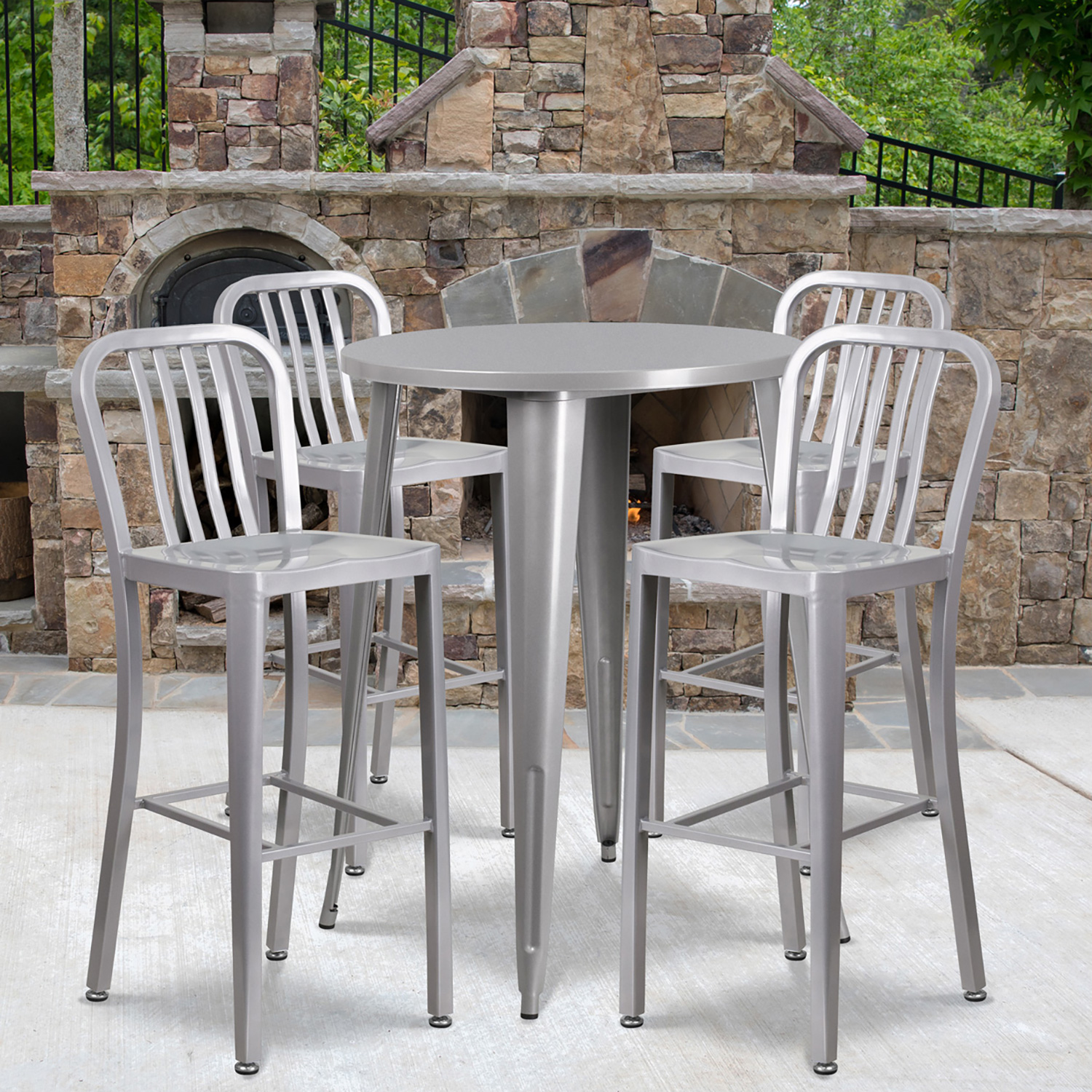 BLNK Tristan Commercial Round Metal Indoor-Outdoor Bar Table Set with 4 Vertical Slat Back Stools