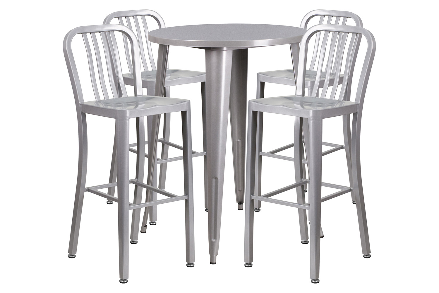 BLNK Tristan Commercial Round Metal Indoor-Outdoor Bar Table Set with 4 Vertical Slat Back Stools - Silver