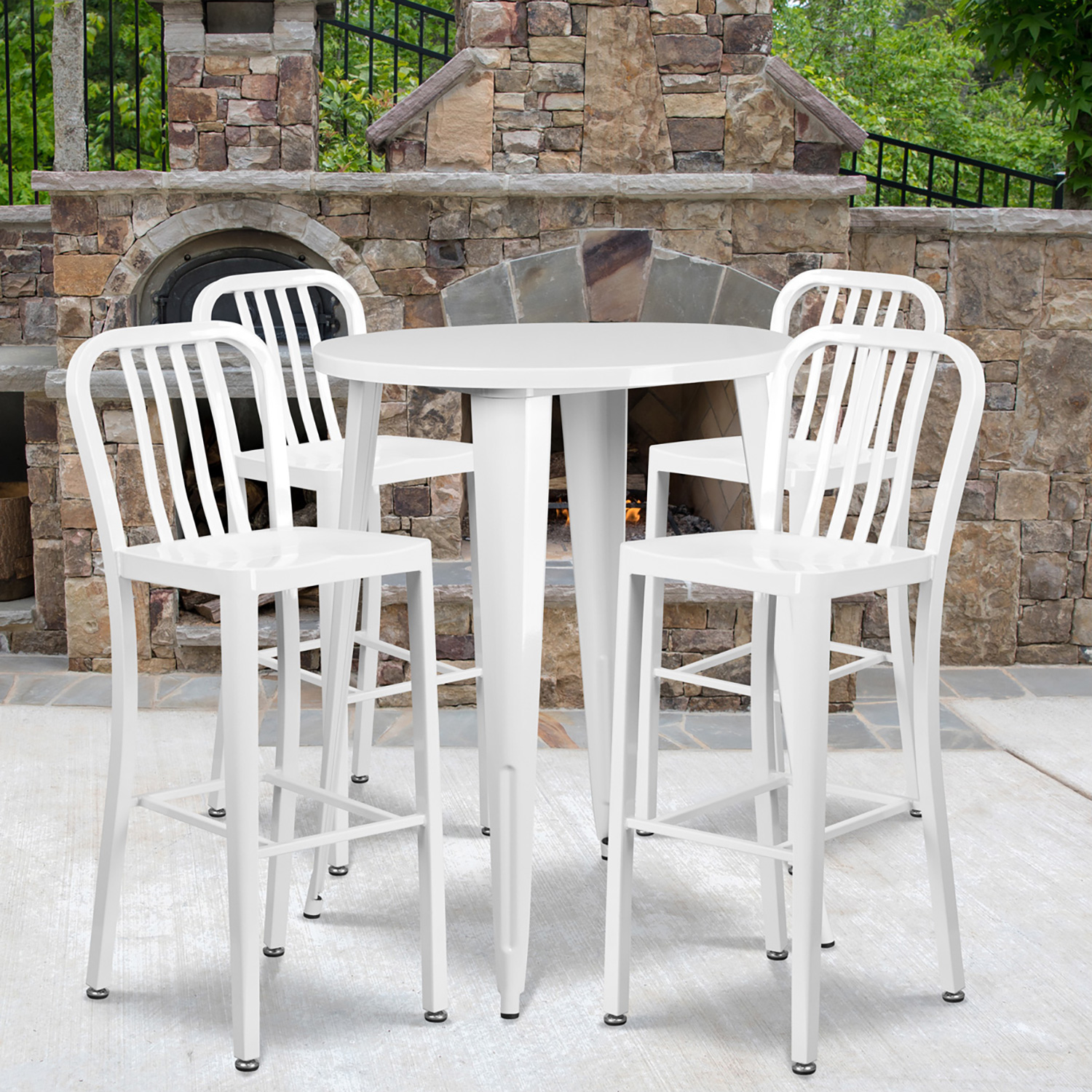 BLNK Tristan Commercial Round Metal Indoor-Outdoor Bar Table Set with 4 Vertical Slat Back Stools