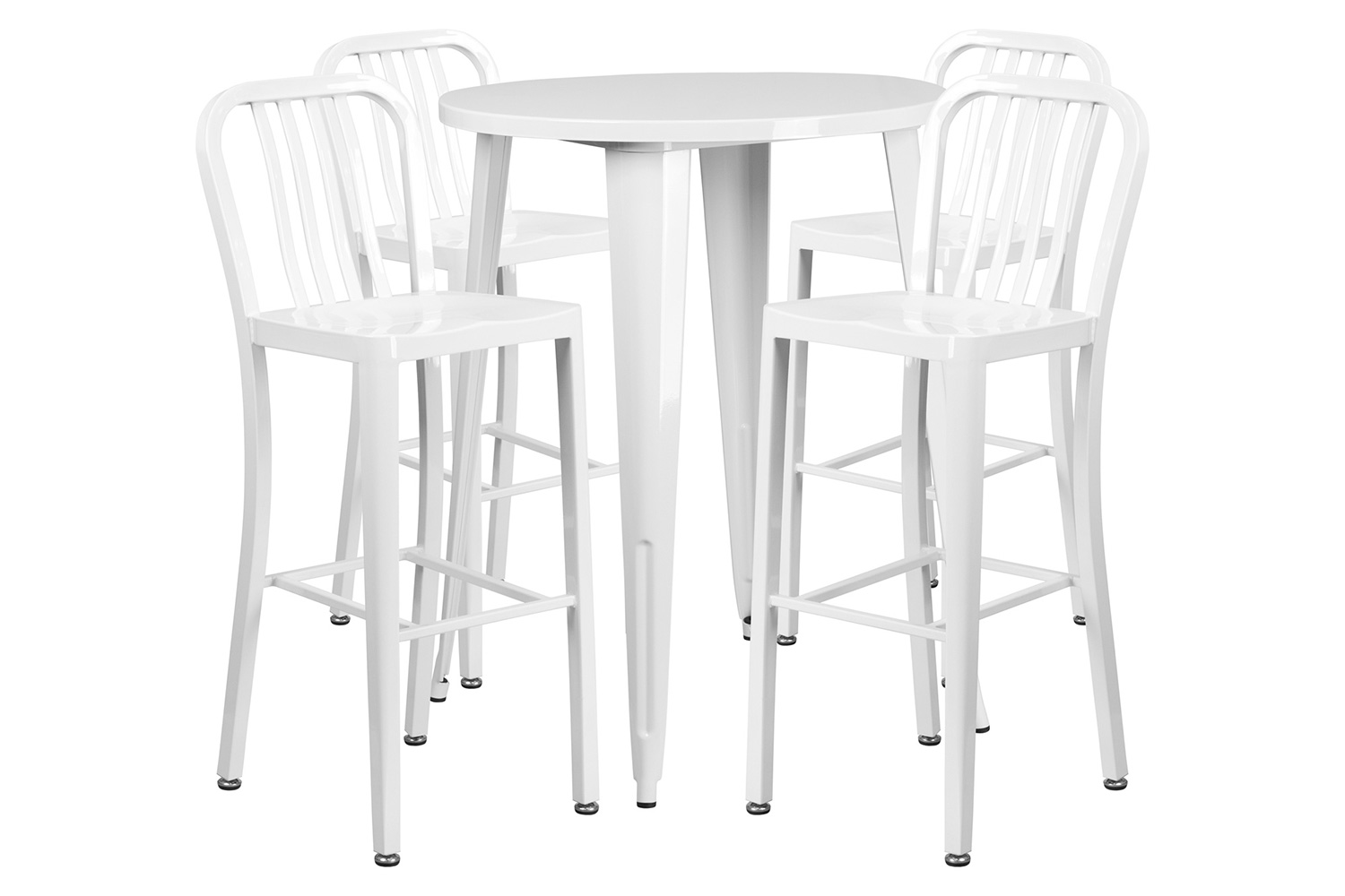 BLNK Tristan Commercial Round Metal Indoor-Outdoor Bar Table Set with 4 Vertical Slat Back Stools - White