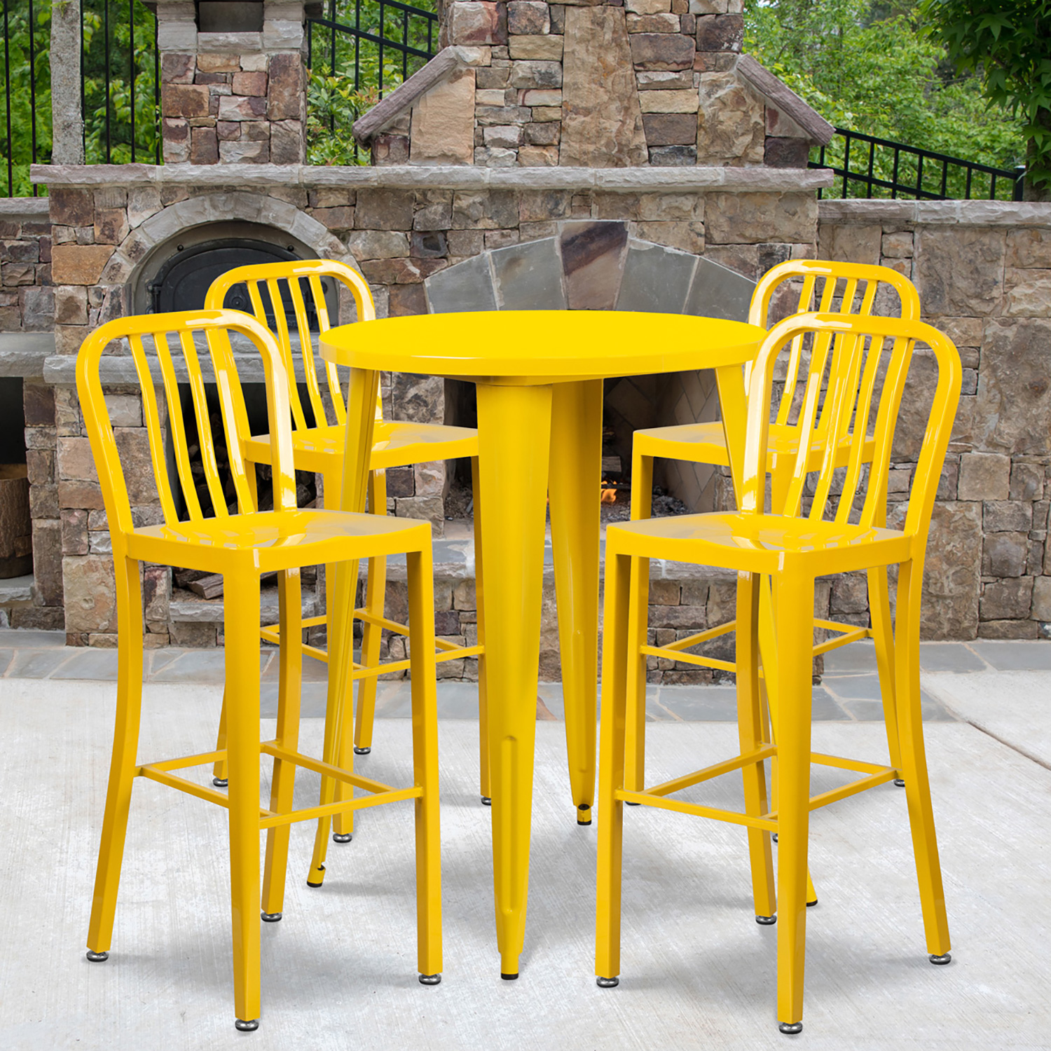 BLNK Tristan Commercial Round Metal Indoor-Outdoor Bar Table Set with 4 Vertical Slat Back Stools