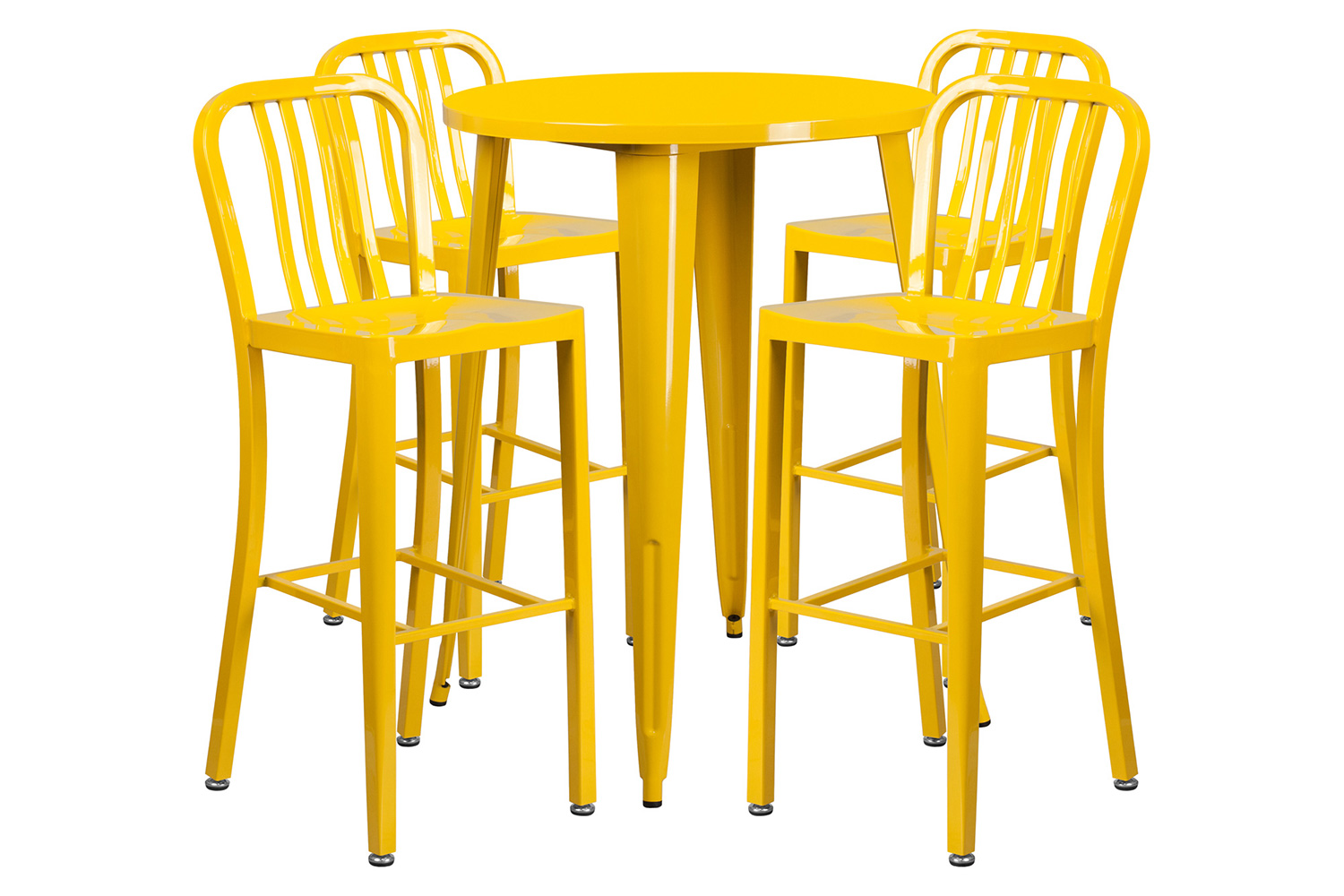 BLNK Tristan Commercial Round Metal Indoor-Outdoor Bar Table Set with 4 Vertical Slat Back Stools - Yellow