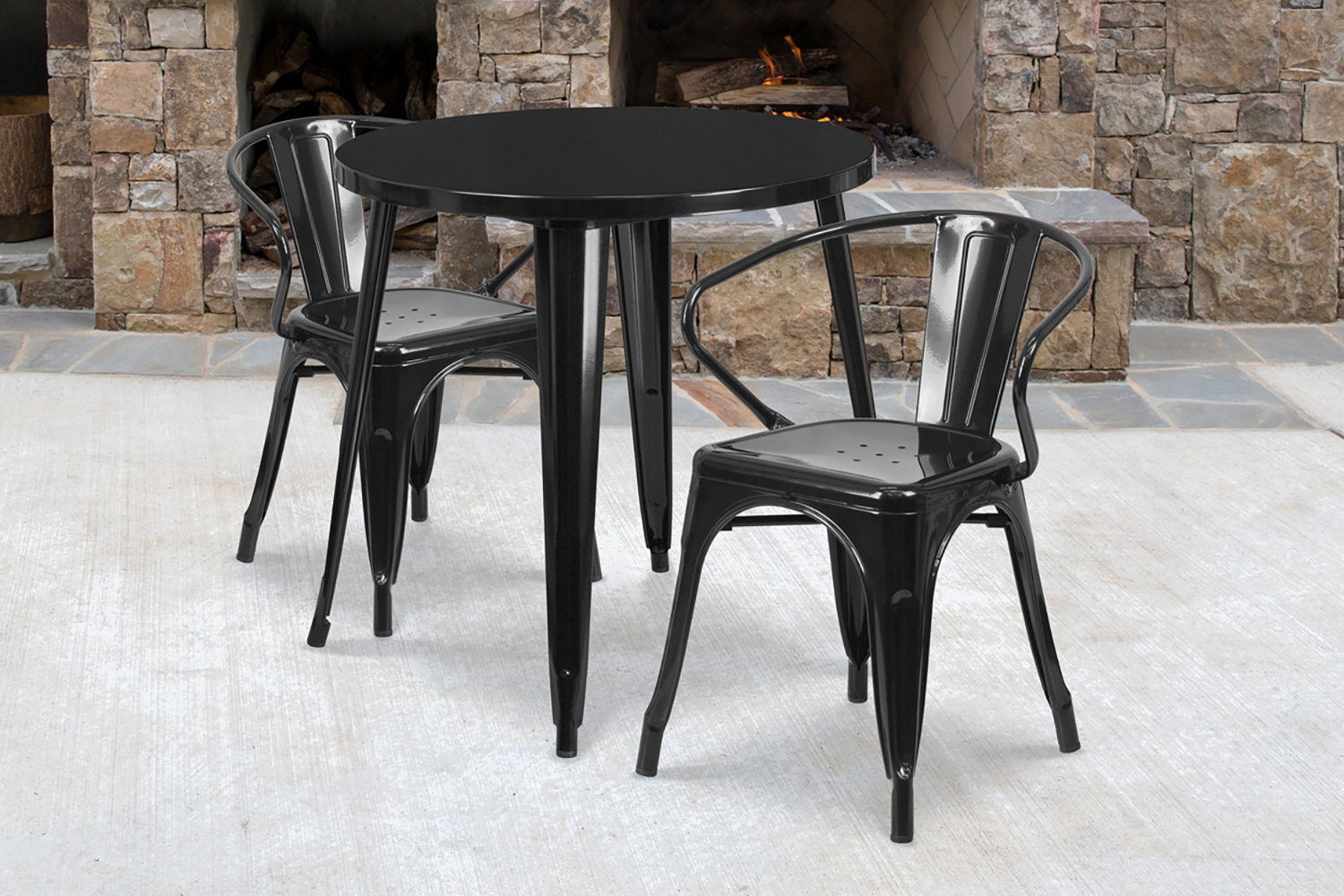 BLNK Conrad Commercial Round Metal Indoor-Outdoor Table Set with 2 Arm Chairs