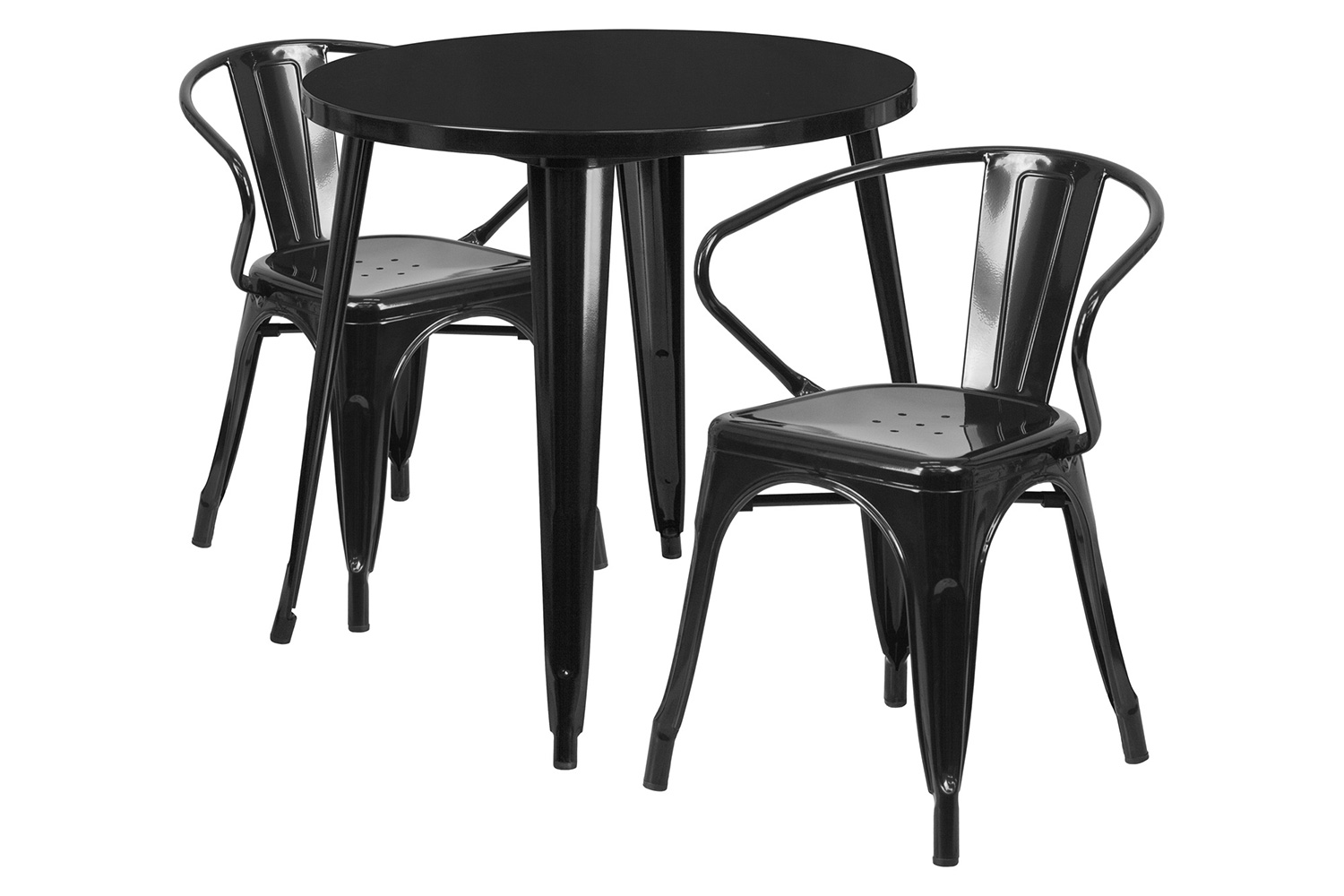 BLNK Conrad Commercial Round Metal Indoor-Outdoor Table Set with 2 Arm Chairs - Black