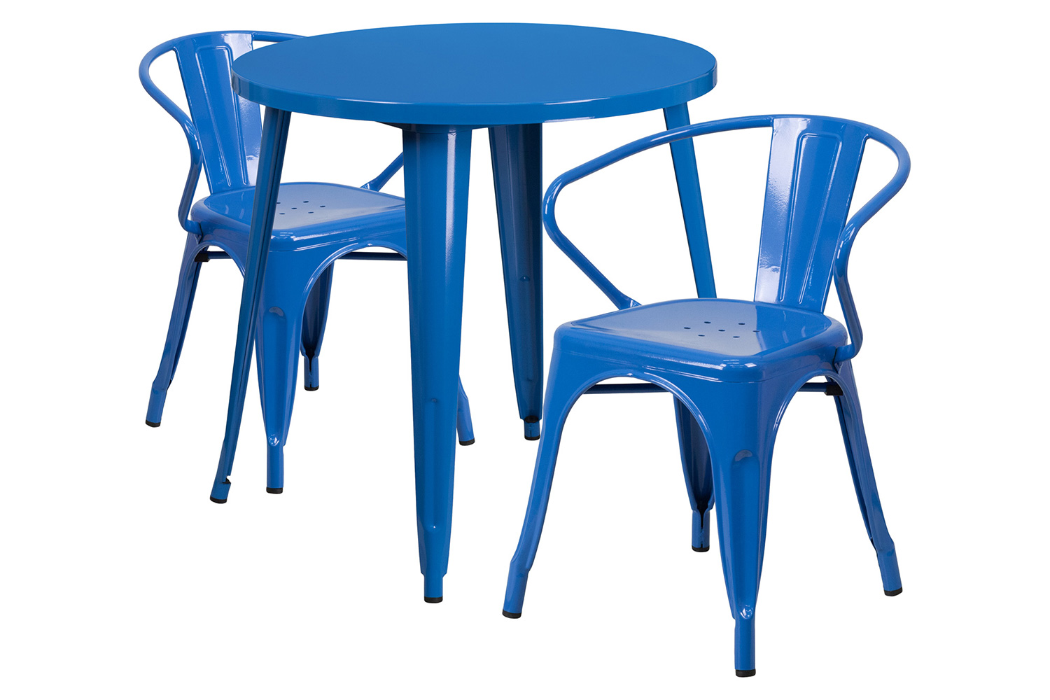 BLNK Conrad Commercial Round Metal Indoor-Outdoor Table Set with 2 Arm Chairs - Blue