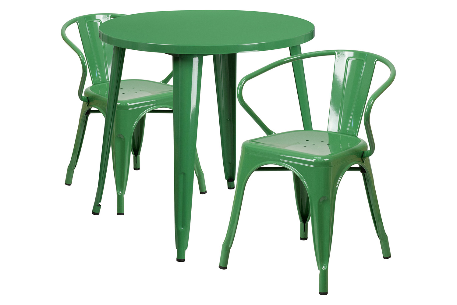 BLNK Conrad Commercial Round Metal Indoor-Outdoor Table Set with 2 Arm Chairs - Green