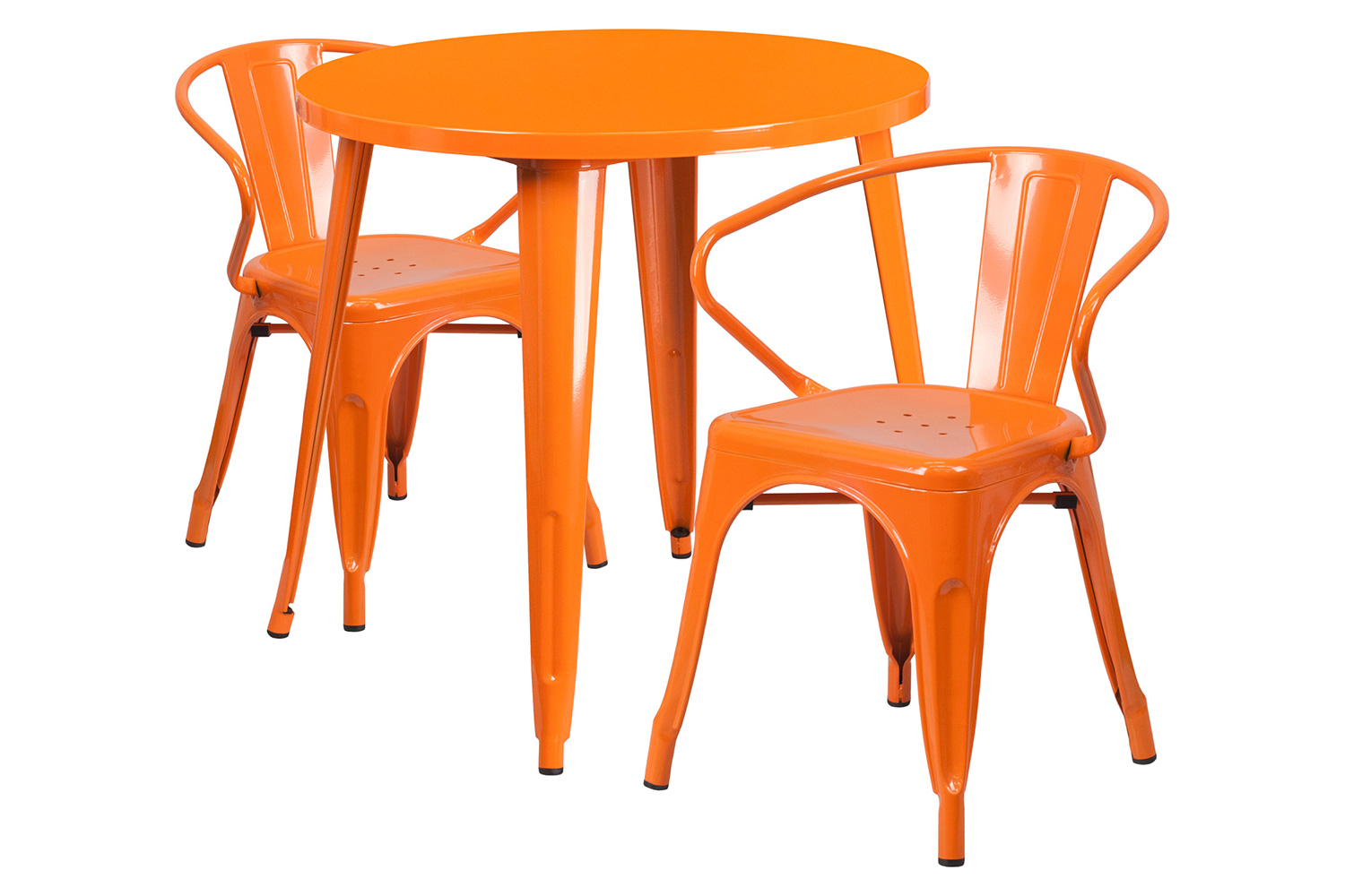 BLNK Conrad Commercial Round Metal Indoor-Outdoor Table Set with 2 Arm Chairs - Orange