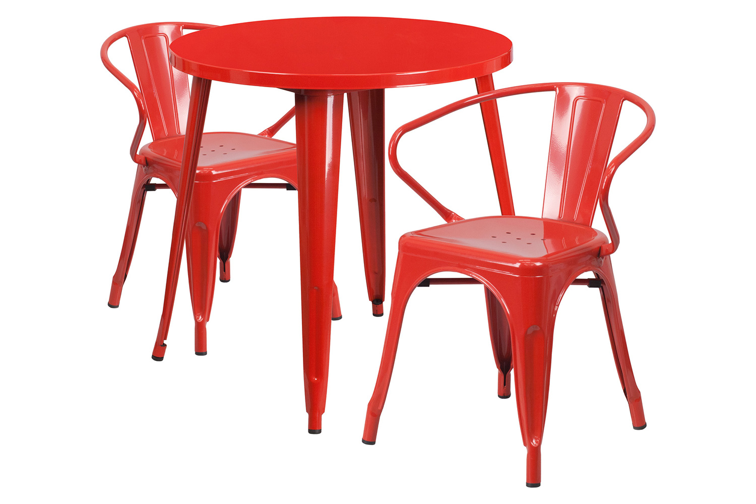 BLNK Conrad Commercial Round Metal Indoor-Outdoor Table Set with 2 Arm Chairs - Red