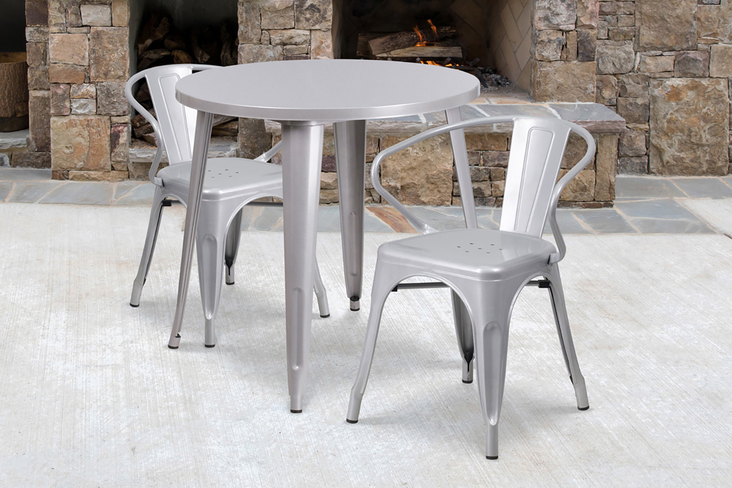 BLNK Conrad Commercial Round Metal Indoor-Outdoor Table Set with 2 Arm Chairs