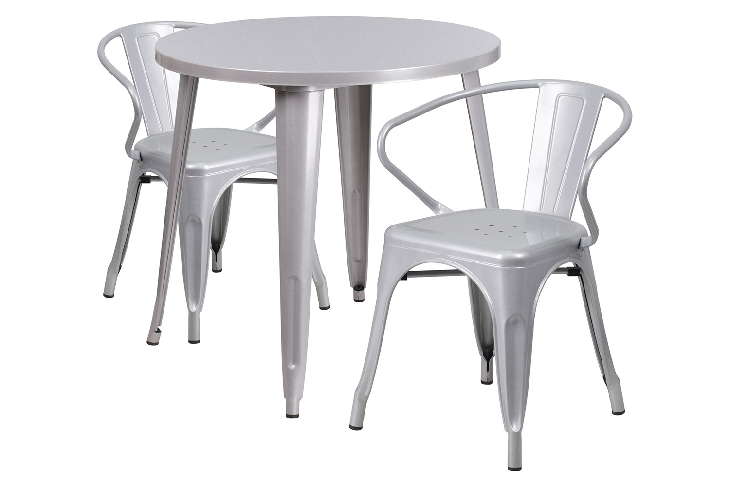 BLNK Conrad Commercial Round Metal Indoor-Outdoor Table Set with 2 Arm Chairs - Silver