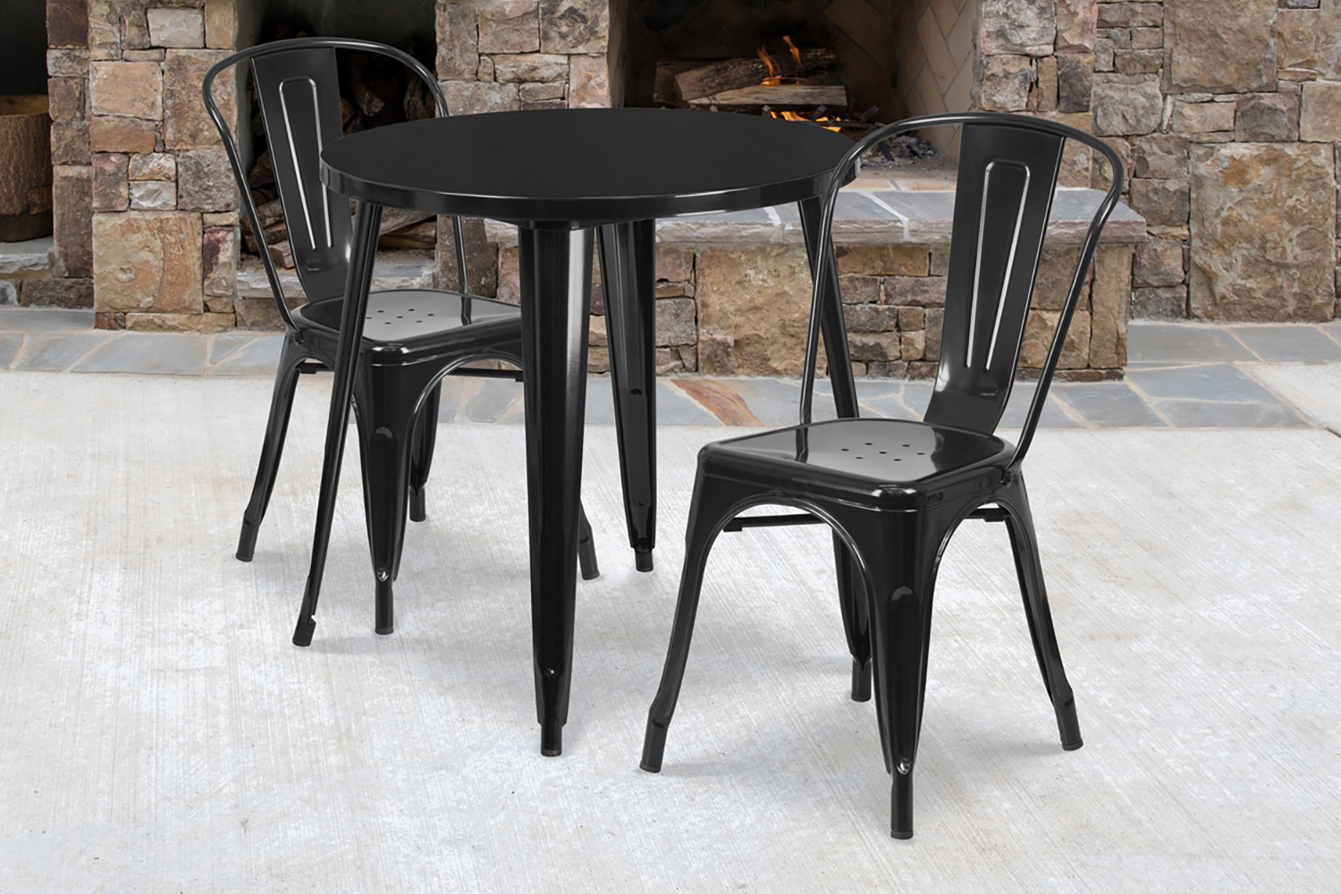 BLNK Baker Commercial Round Metal Indoor-Outdoor Table Set with 2 Cafe Chairs