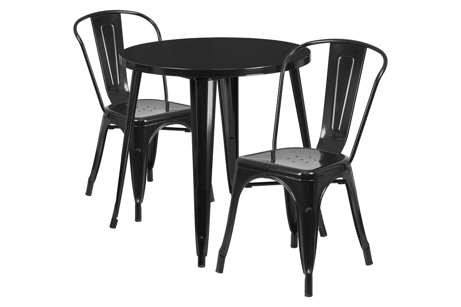 BLNK Baker Commercial Round Metal Indoor-Outdoor Table Set with 2 Cafe Chairs - Black