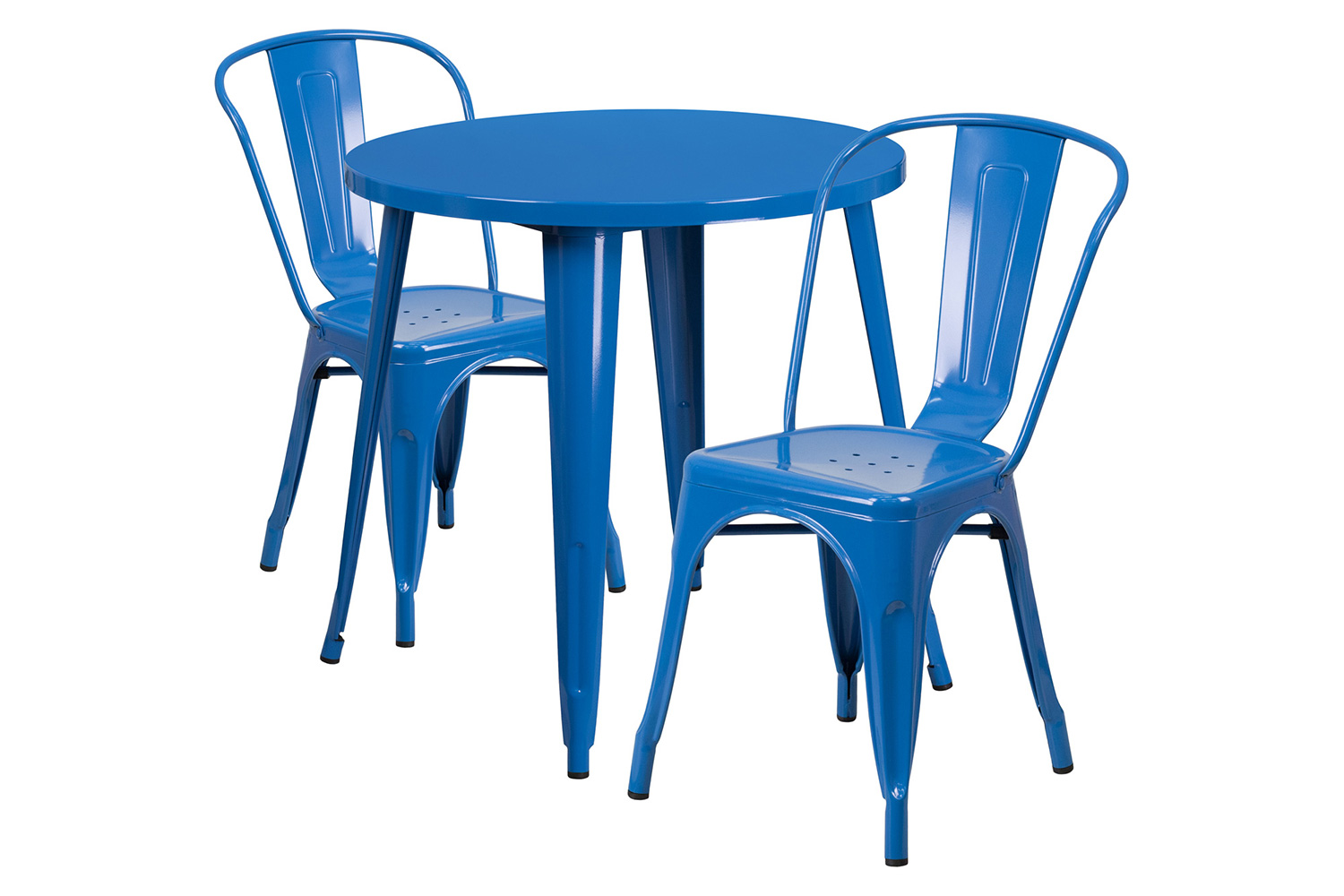 BLNK Baker Commercial Round Metal Indoor-Outdoor Table Set with 2 Cafe Chairs - Blue