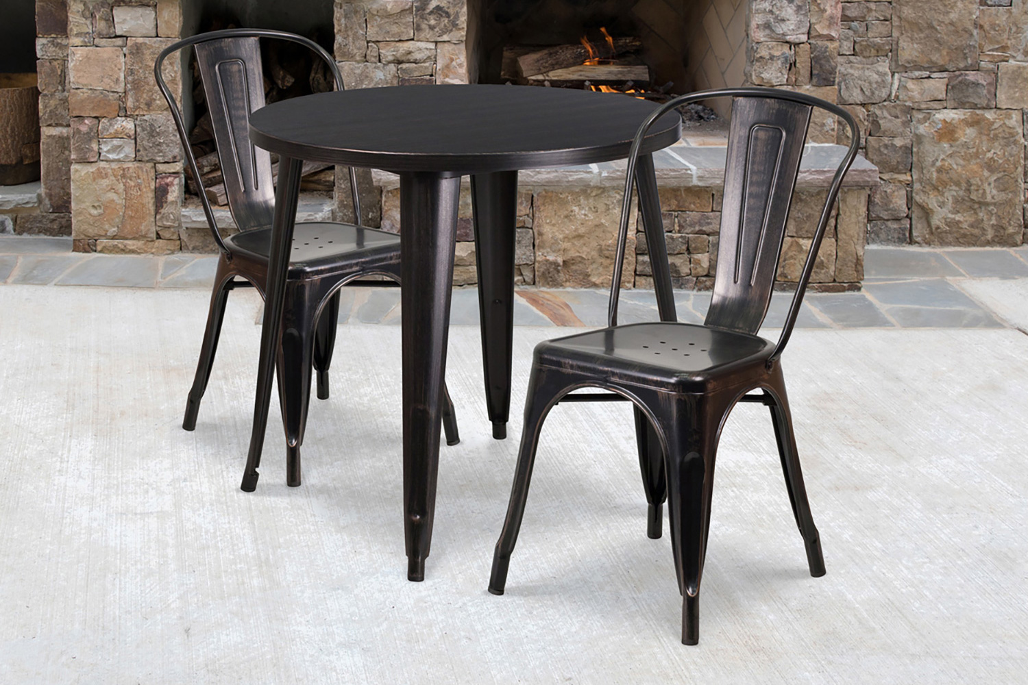 BLNK Baker Commercial Round Metal Indoor-Outdoor Table Set with 2 Cafe Chairs