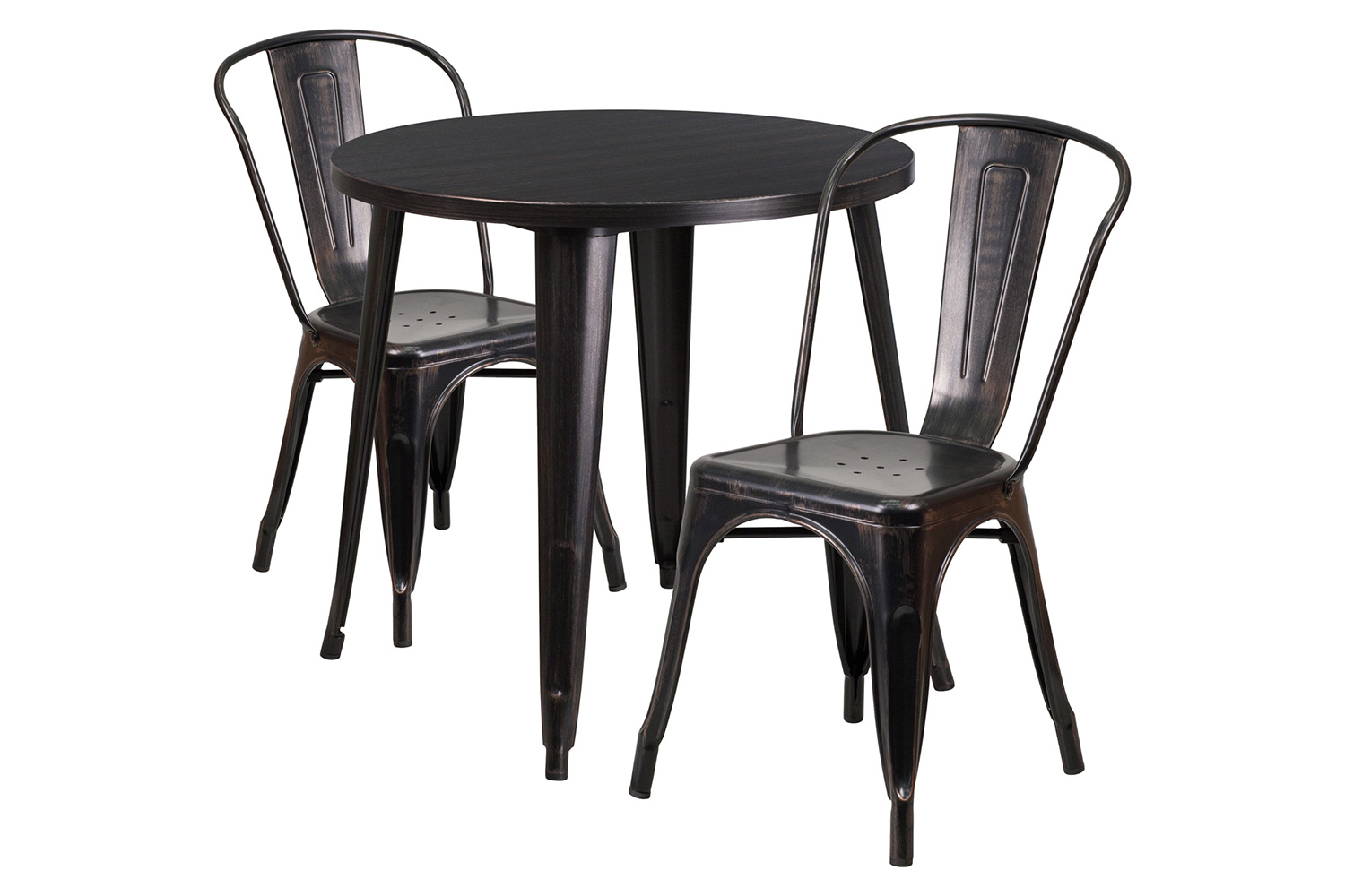 BLNK Baker Commercial Round Metal Indoor-Outdoor Table Set with 2 Cafe Chairs - Black/Antique