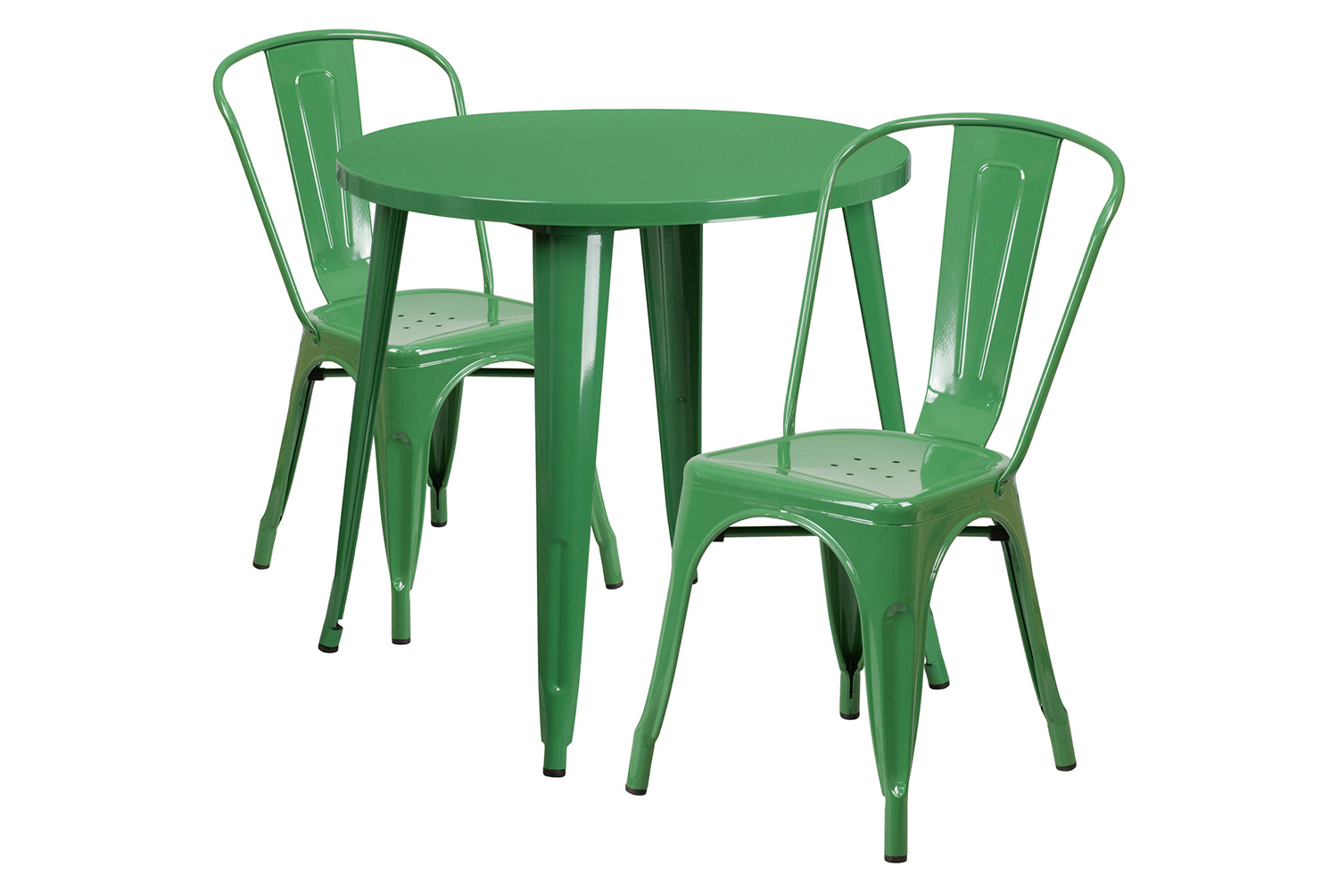 BLNK Baker Commercial Round Metal Indoor-Outdoor Table Set with 2 Cafe Chairs - Green