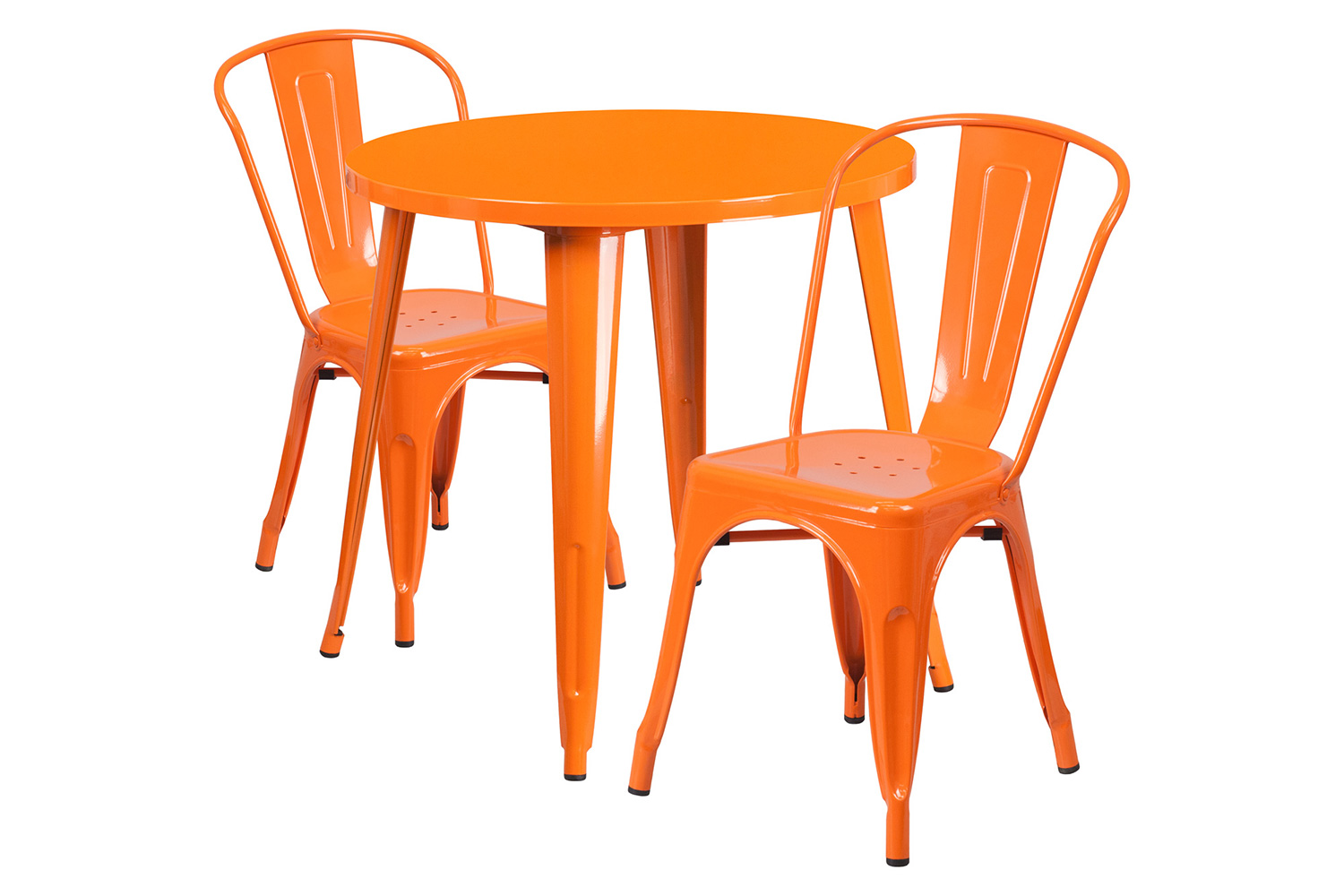 BLNK Baker Commercial Round Metal Indoor-Outdoor Table Set with 2 Cafe Chairs - Orange