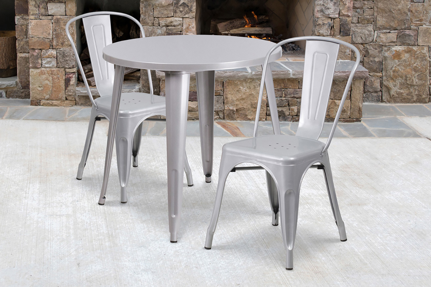 BLNK Baker Commercial Round Metal Indoor-Outdoor Table Set with 2 Cafe Chairs