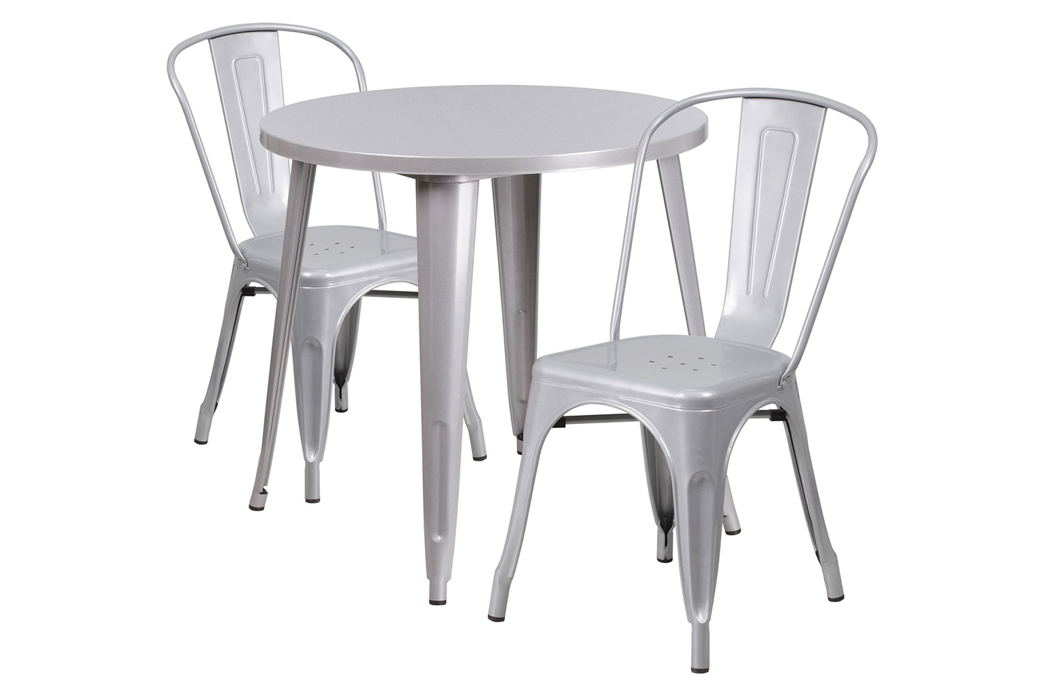 BLNK Baker Commercial Round Metal Indoor-Outdoor Table Set with 2 Cafe Chairs - Silver