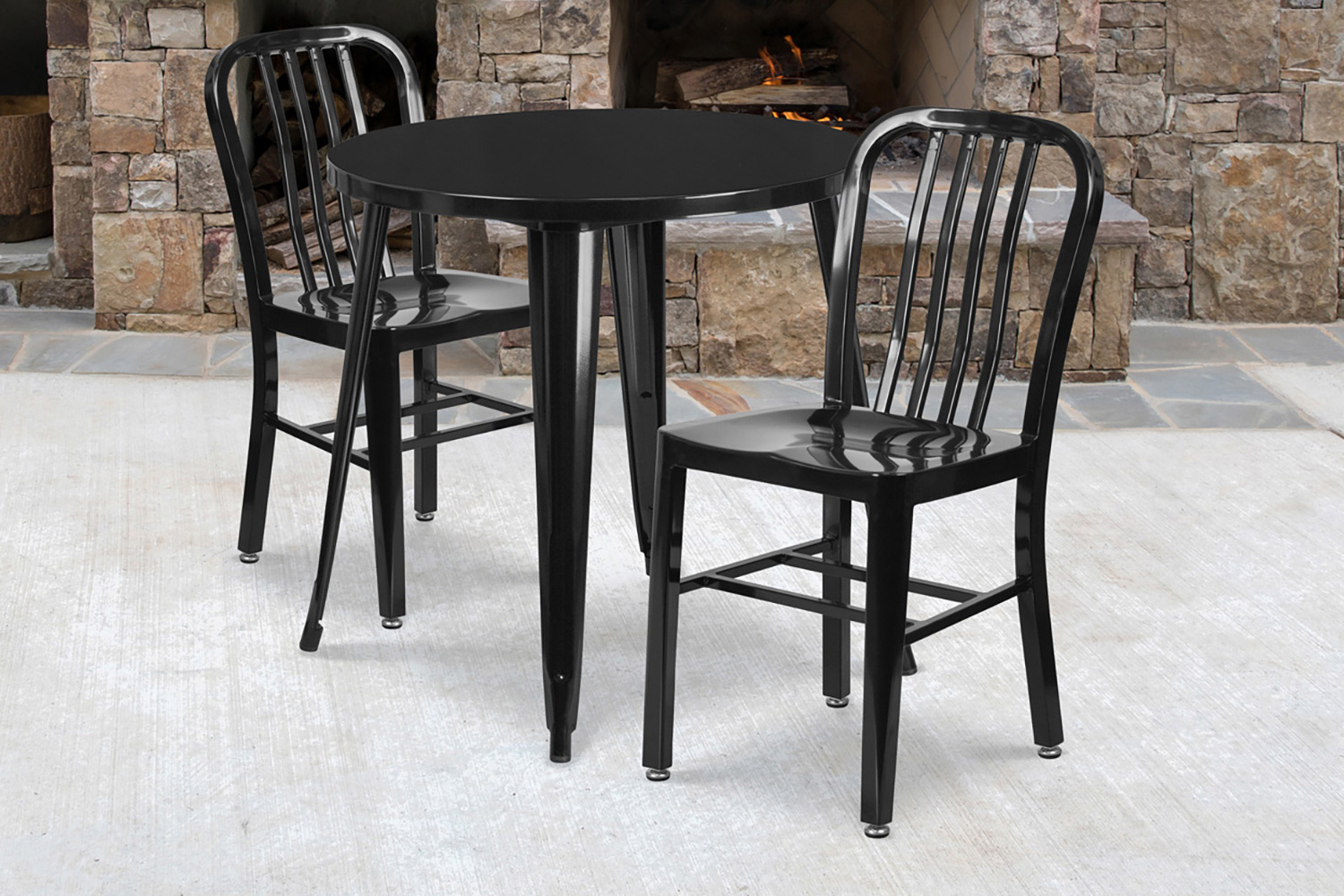 BLNK Craig Commercial Round Metal Indoor-Outdoor Table Set with 2 Vertical Slat Back Chairs