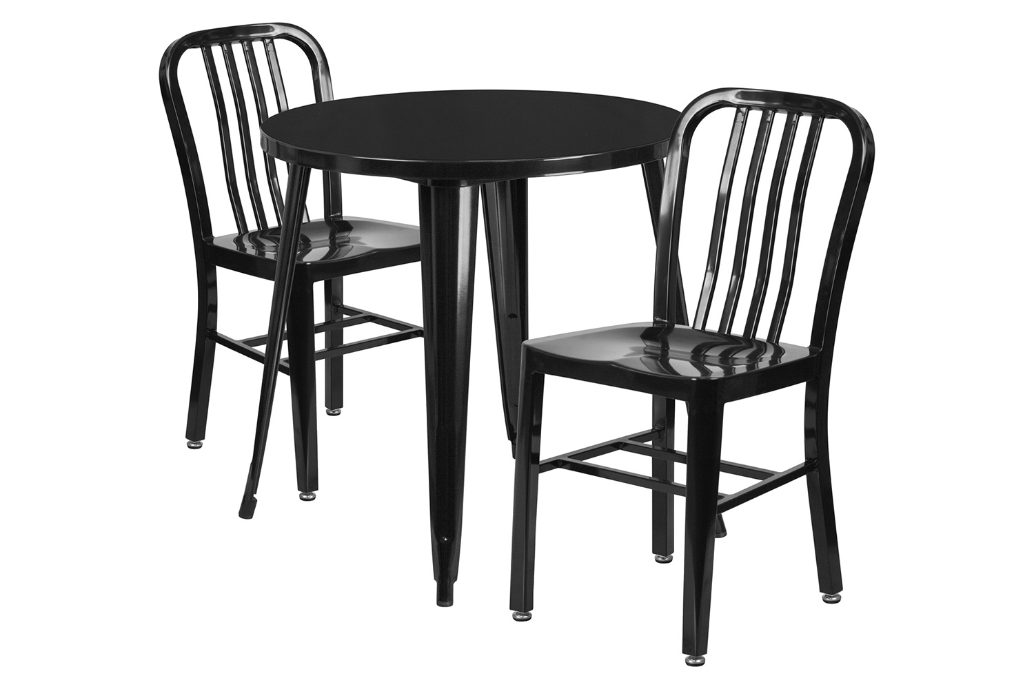 BLNK Craig Commercial Round Metal Indoor-Outdoor Table Set with 2 Vertical Slat Back Chairs - Black