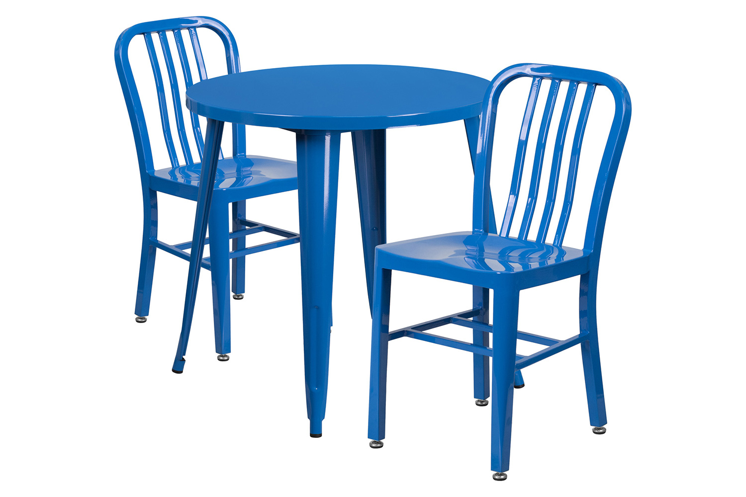 BLNK Craig Commercial Round Metal Indoor-Outdoor Table Set with 2 Vertical Slat Back Chairs - Blue