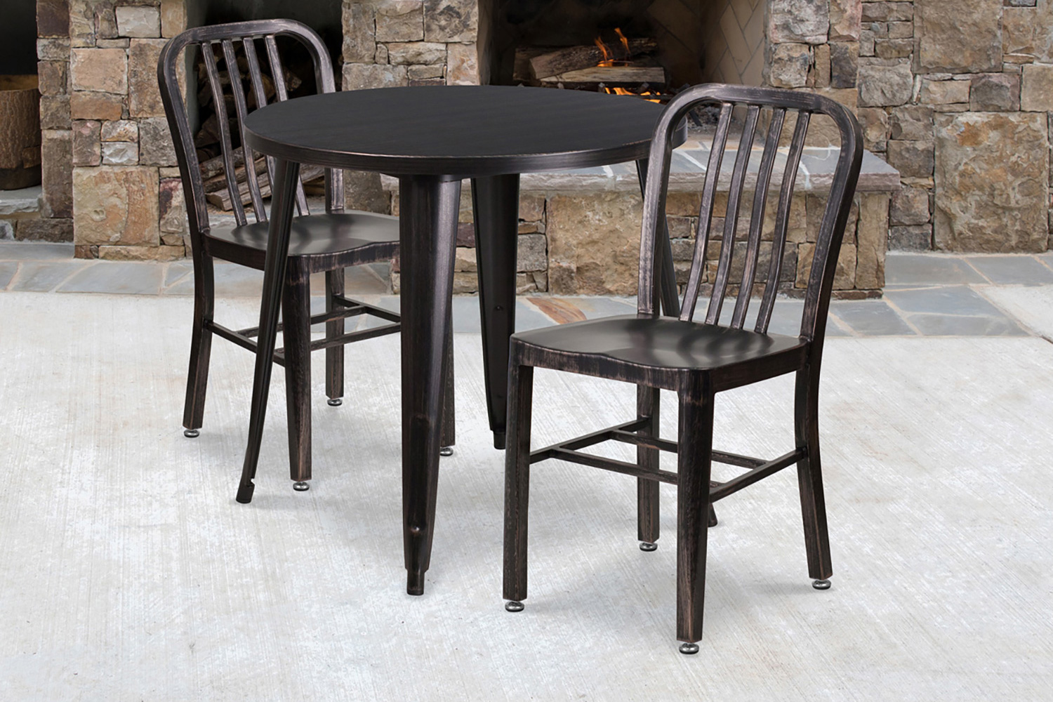 BLNK Craig Commercial Round Metal Indoor-Outdoor Table Set with 2 Vertical Slat Back Chairs