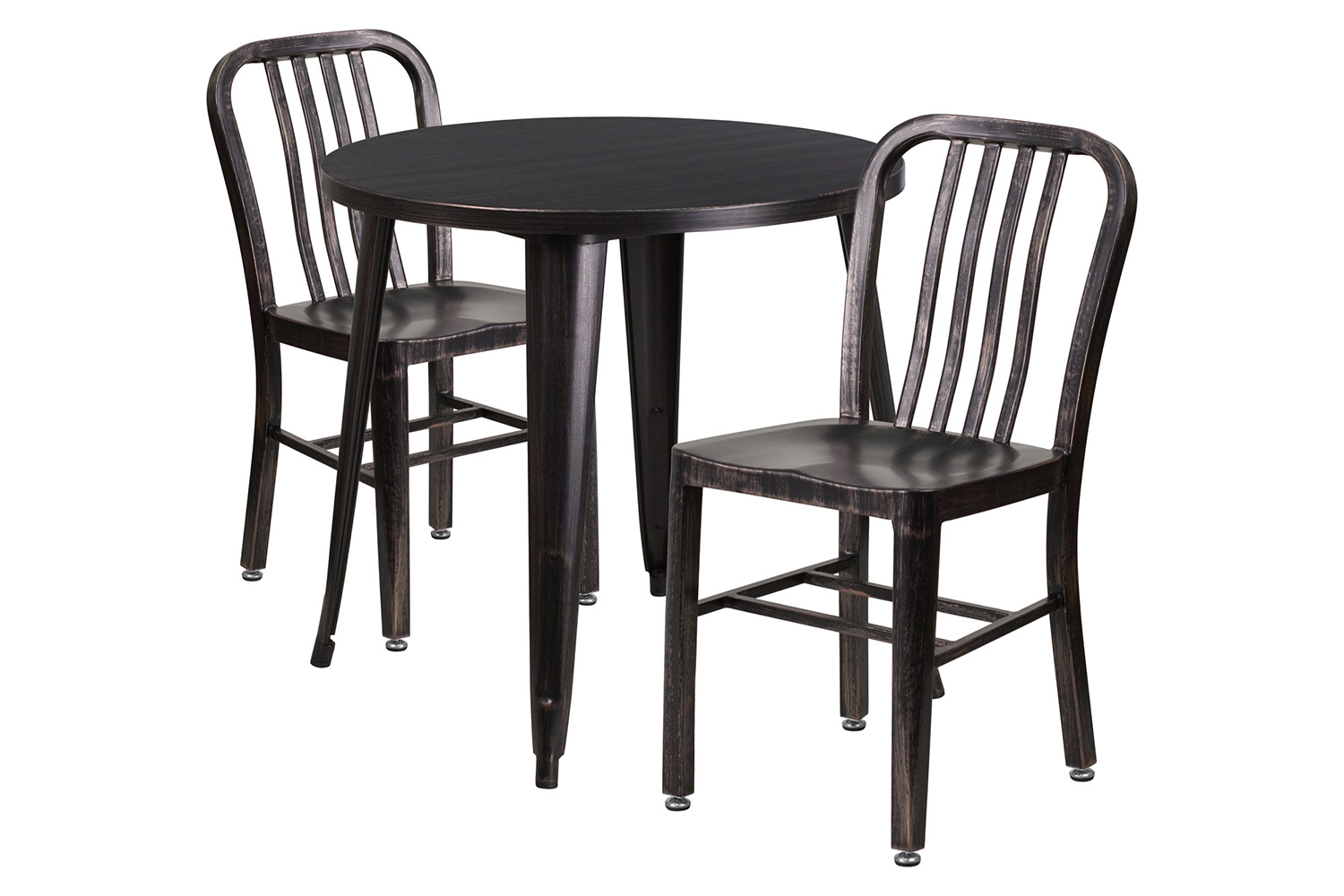 BLNK Craig Commercial Round Metal Indoor-Outdoor Table Set with 2 Vertical Slat Back Chairs - Black/Antique Gold