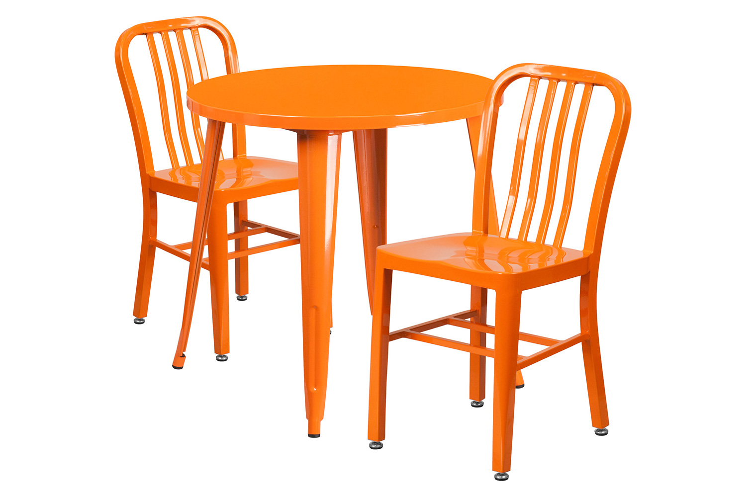 BLNK Craig Commercial Round Metal Indoor-Outdoor Table Set with 2 Vertical Slat Back Chairs - Orange